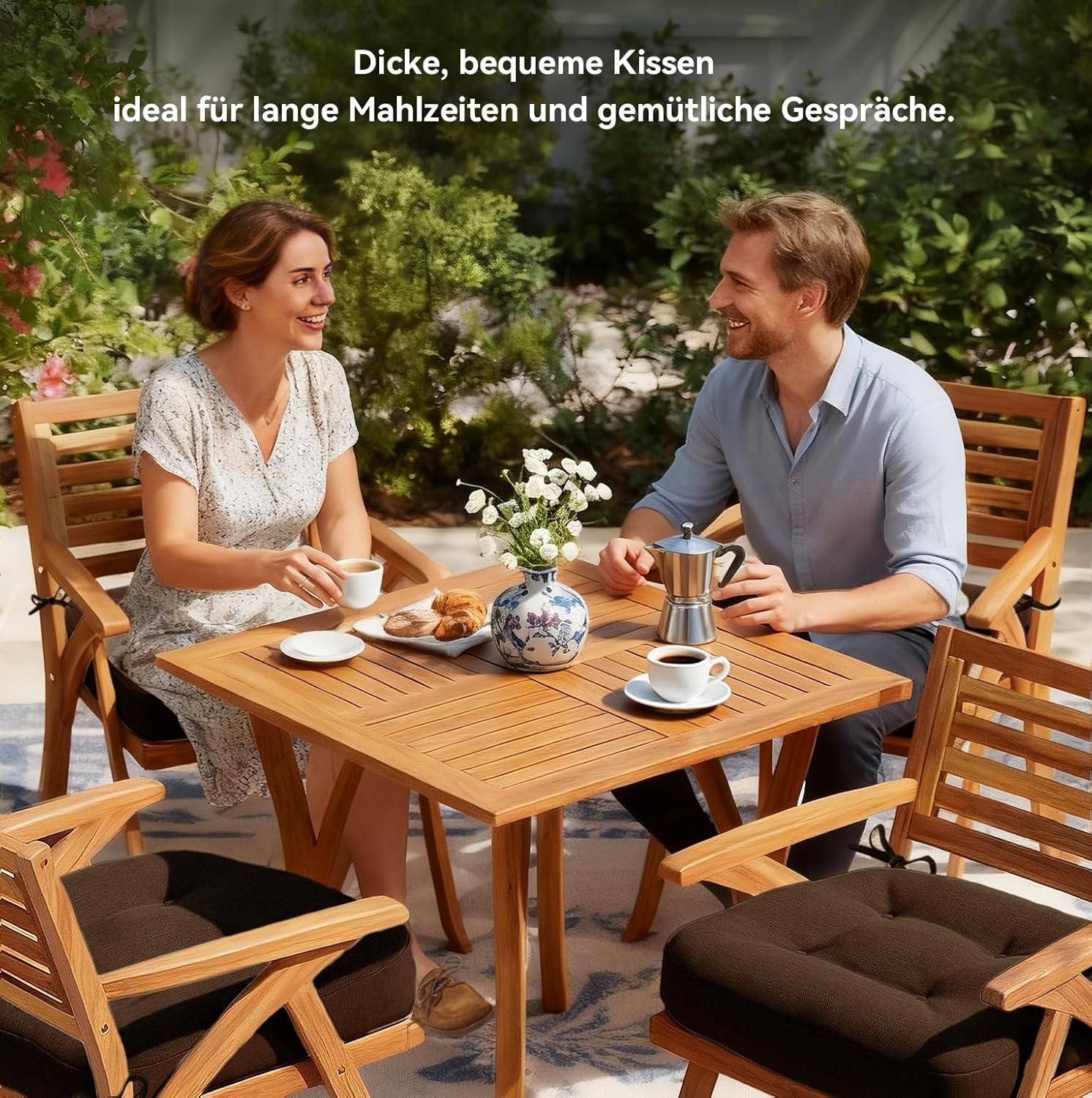 Codi Sitzkissen 40 x 40 x 8 cm, 4er-Set, extra dicke, bequeme Stuhlkissen mit wasserabweisendem Bezug – waschbare, rutschfeste Memory-Schaum-Sitzkissen für Stuhl, Outdoor- und Gartenstuhl, braun – Bild 5