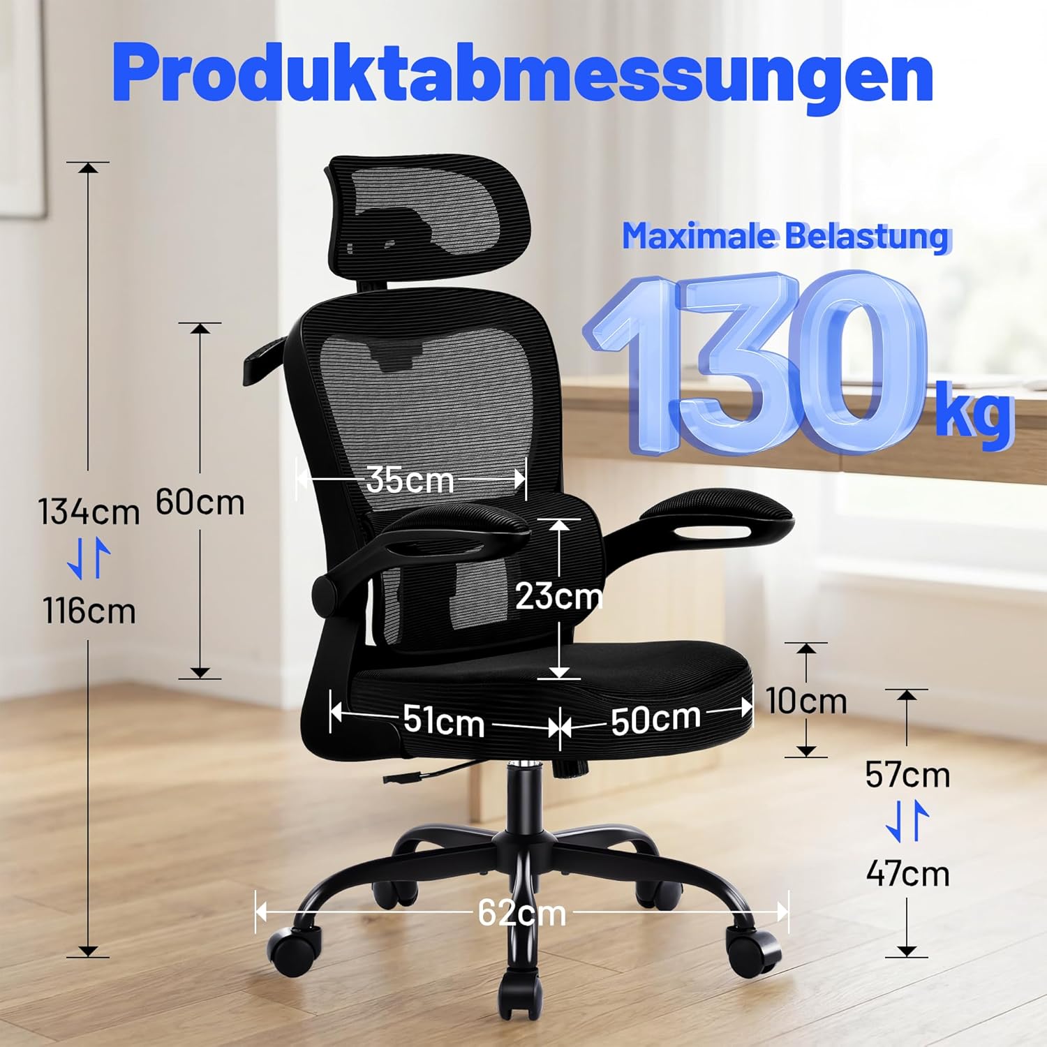 Ergonomischer Bürostuhl mit Kopfstütze, verstellbarer Lordosenstütze & Netzbezug, höhenverstellbarer Drehstuhl bis 150 kg, Computerstuhl ideal für Büro und Home Office, Schwarz – Bild 2