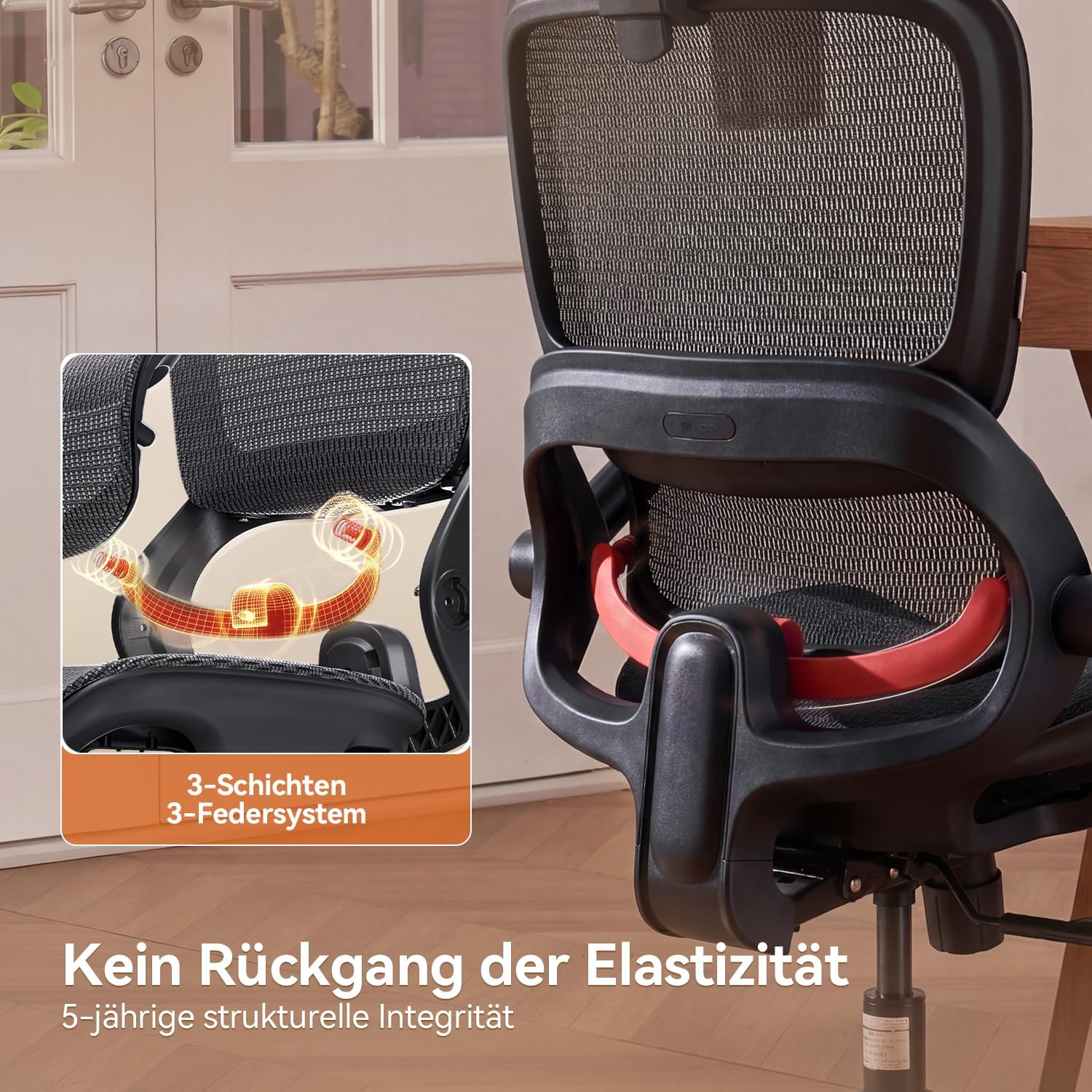 SIHOO Ergonomischer Bürostuhl, Schreibtischstuhl mit dynamischer 4D-Lendenwirbelstütze, breiter Kopfstütze und klappbaren Armlehnen, 90–135° neigbar, Schwarz – Bild 7
