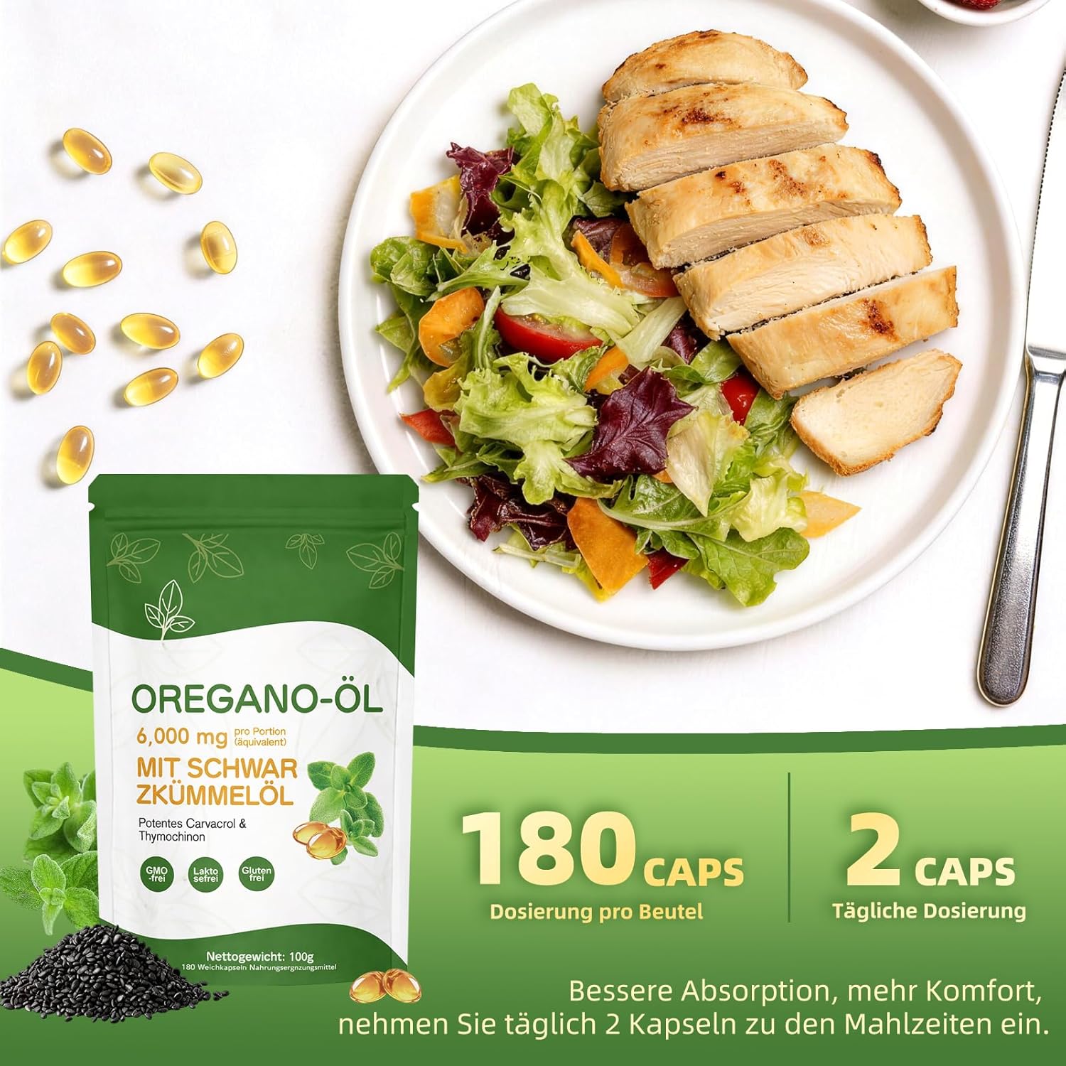 Oreganoöl-Kapseln 6000 mg – 180 Kapseln – 2-in-1 Oregano- und Schwarzkümmelöl-Kapseln – Oreganoöl, vegan, gentechnik-, laktose- und glutenfrei – unterstützt das Immunsystem – einfache Tagesdosis von 2 Kapseln – Bild 3