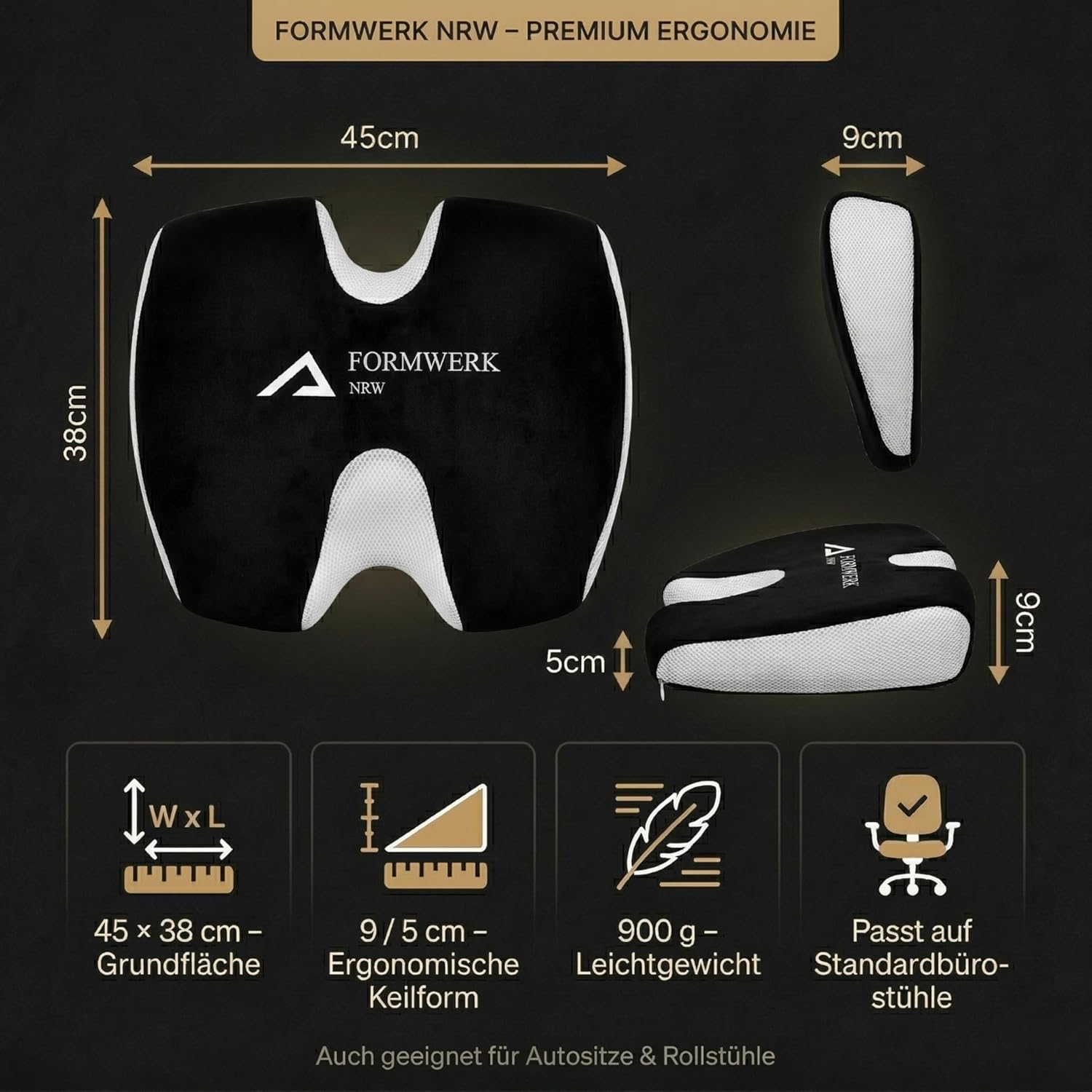 Orthopädisches Sitzkissen mit doppelter Aussparung – 47D Premium Memory Foam – ergonomische Entlastung für Steißbein, Hüfte & Wirbelsäule – Öko-Tex 100 – Testsieger 2025 (schwarz) – Bild 6