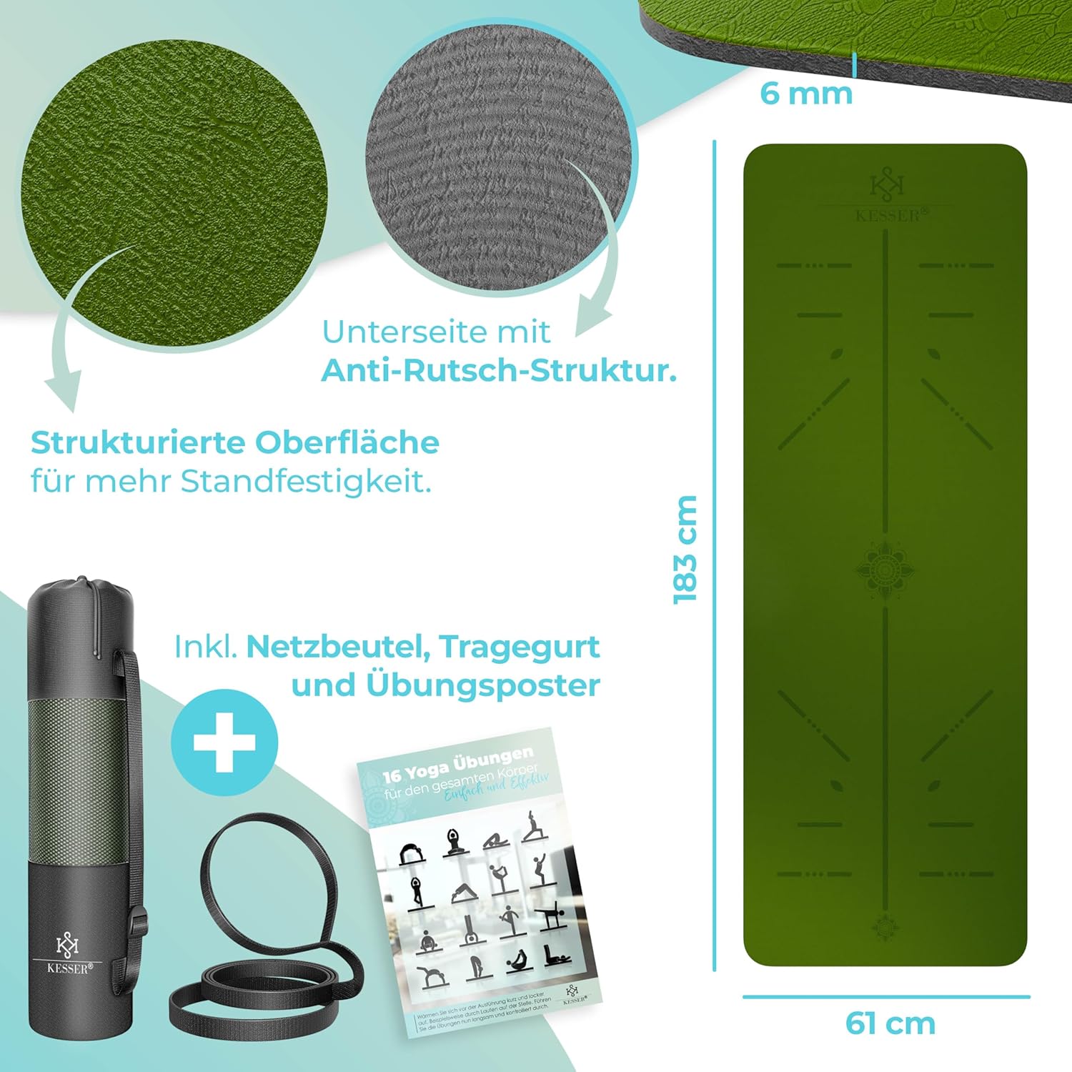Kesser® Gymnastikmatte mit Tragegurt, rutschfeste TPE-Yogamatte, gepolsterte und rutschfeste Fitnessmatte, 183 x 61 cm, Trainingsmatte für Fitness, Sport, Pilates und Gymnastik-Workout, extra dick – Bild 7