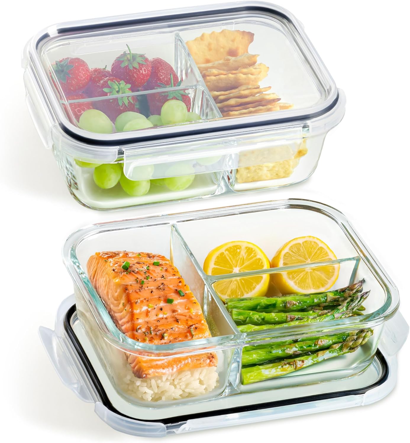 Praknu Meal-Prep-Boxen aus Glas mit 3 Fächern – Set mit 2 Meal-Prep-Behältern 1 l – luftdichter Glasbehälter mit Deckel – geeignet für Spülmaschine, Mikrowelle und Backofen – Meal-Prep-Boxen – Frischhaltedosen aus Glas