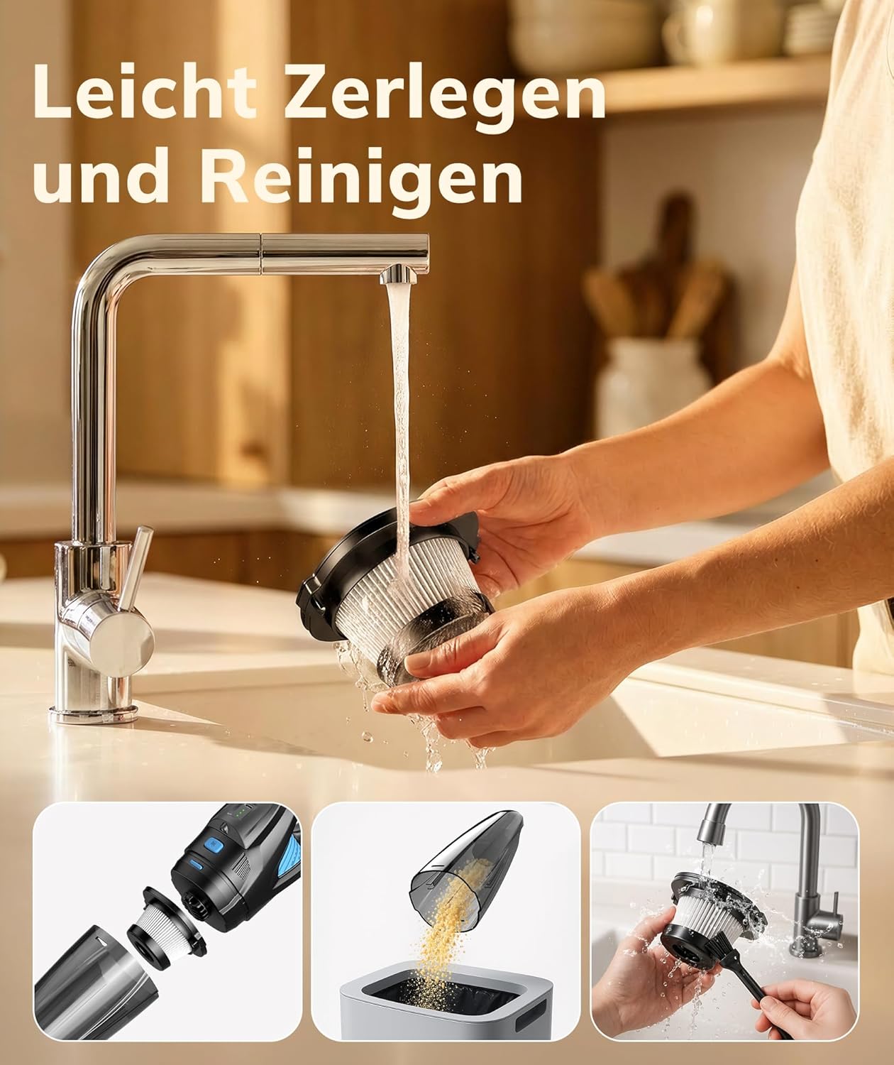 Topipop Handstaubsauger Akku mit 25000 Pa starker Saugleistung, kabelloser Staubsauger mit HEPA-Filter & Aufsätzen – leichter Autostaubsauger für Tierhaare, Teppich, Zuhause, Büro, Küche (schwarz) – Bild 7