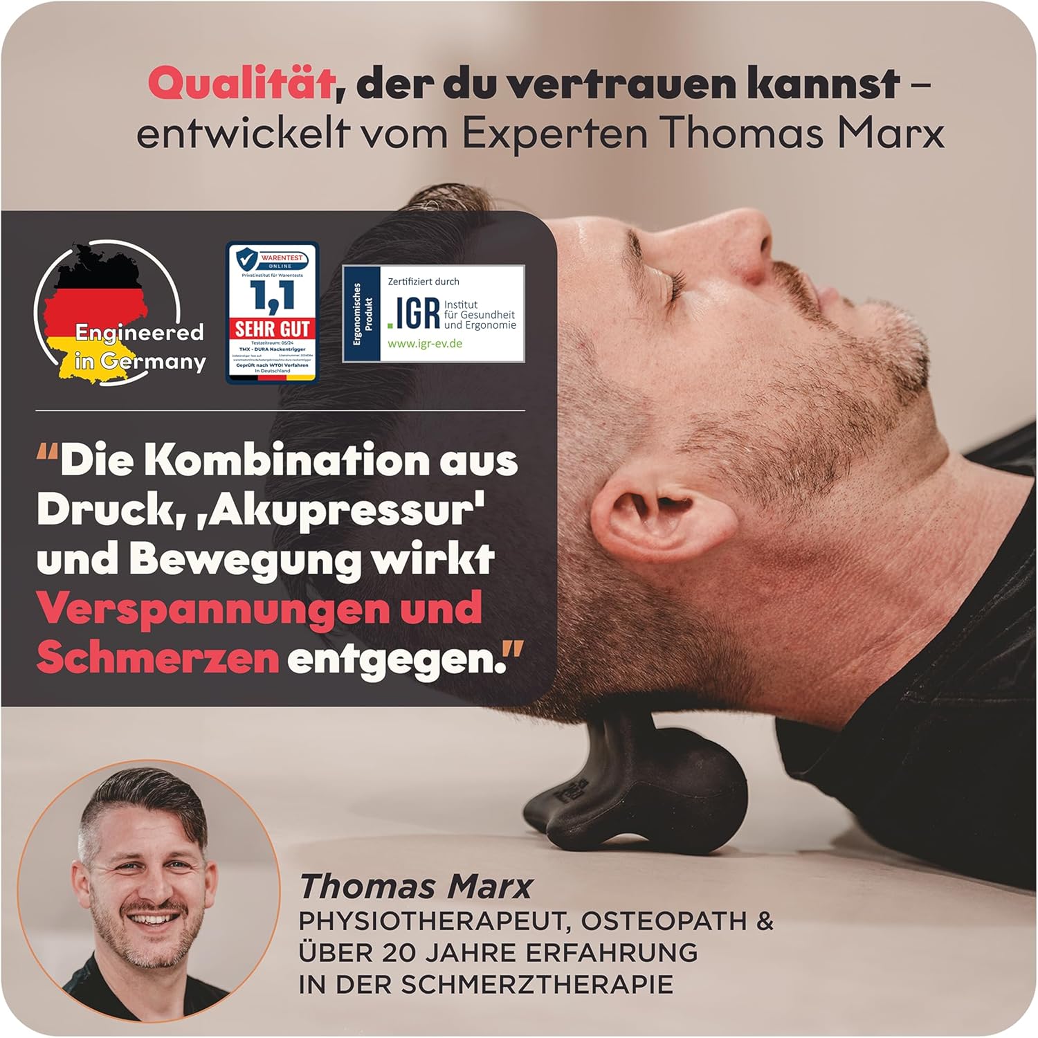 TMX Dura Neck Trigger, effektives Trainingsgerät bei Migräne, Nackenschmerzen und Verspannungen, Triggerpunktschieber, lindert Kopfschmerzen, Tinnitus und Schwindel, hergestellt in Deutschland – Bild 7