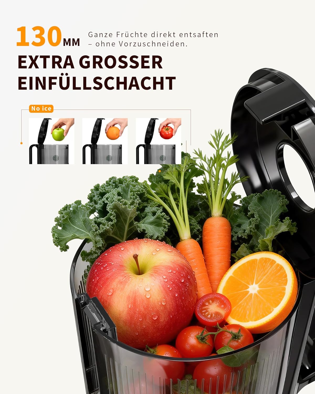 Entsafter, Slow Juicer mit 130 mm breitem Einfüllrohr für ganzes Gemüse und Obst, Testsieger, Tritan BPA-frei, 220 W elektrischer Entsafter, leicht zu reinigender Entsafter, inklusive Saftrezepten – Bild 2