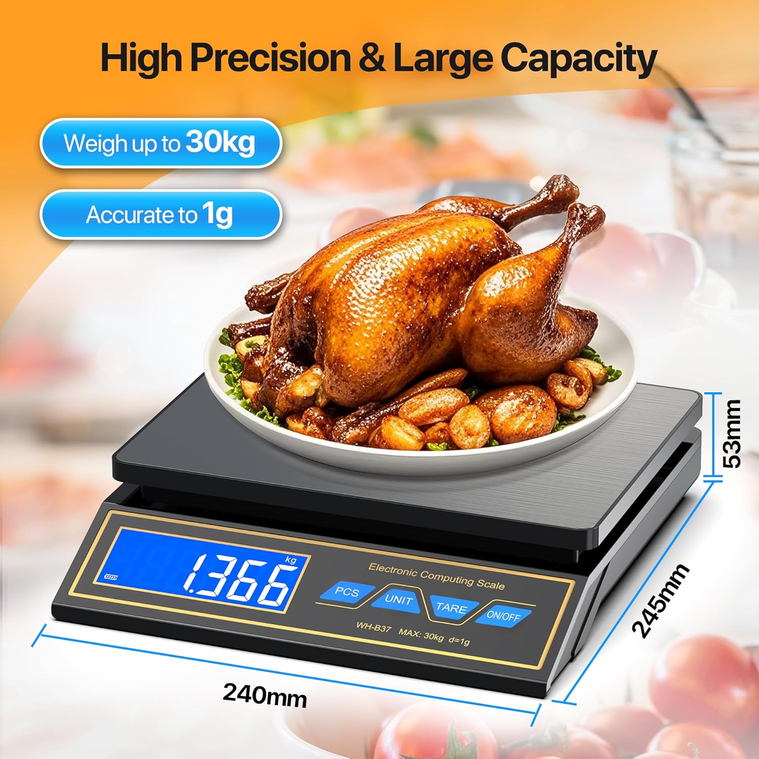 Küchenwaage 30 kg, Digitalwaage aus Edelstahl, Paketwaage, Präzisionswaage, 1 g für Gastronomie, Abmessen von Fleisch, Wurst, Kaffeewaage mit LCD, Stückzählung, Tarafunktion, 9 Einheiten, automatische Abschaltung, USB-C wiederaufladbar – Bild 2