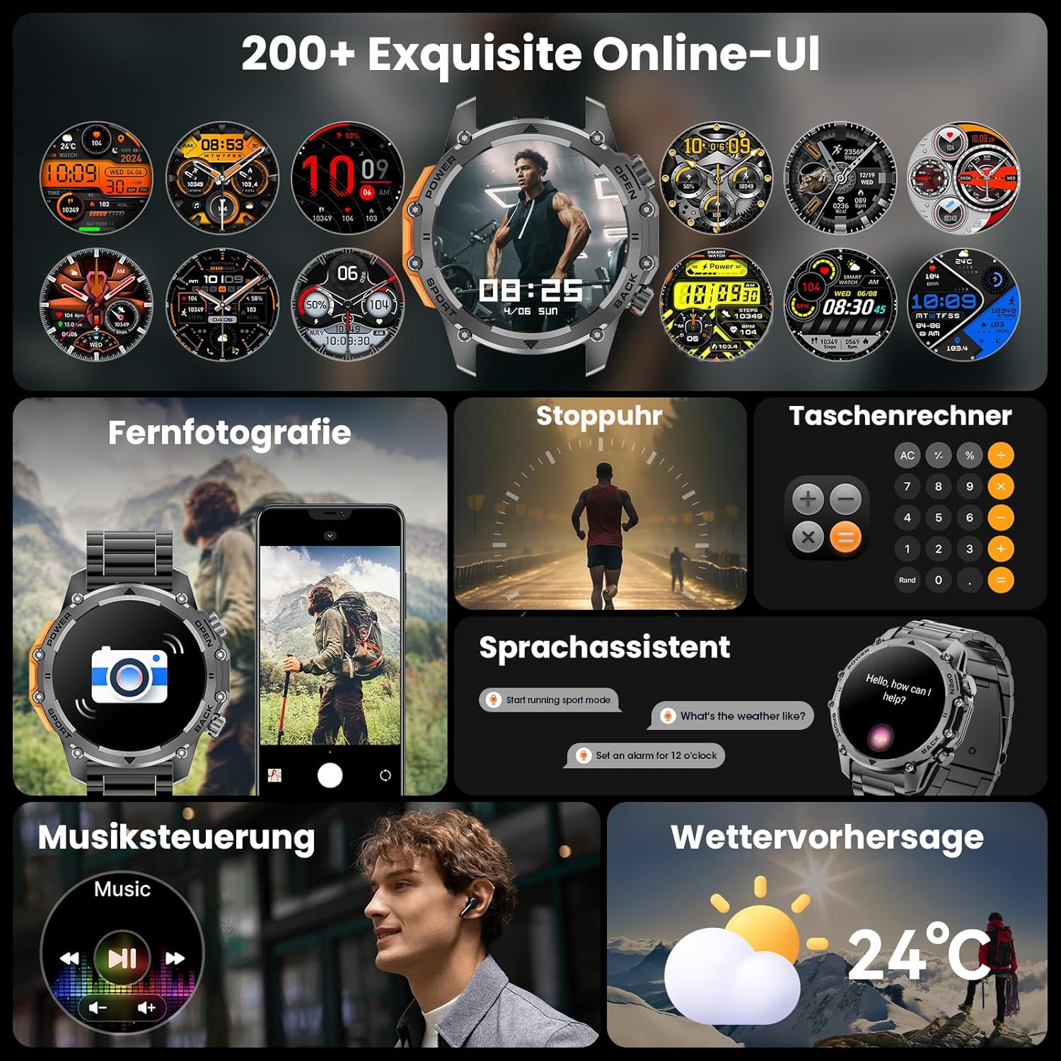 Herren Smartwatch 1,52 Zoll HD Smart Watch mit 500 mAh langer Akkulaufzeit, 114+ Sportmodi, Fitnessuhr im Militärstil mit Herzfrequenz/Schrittzähler/Schlafmonitor/Taschenlampe, Android iOS Herrenuhren – Bild 8