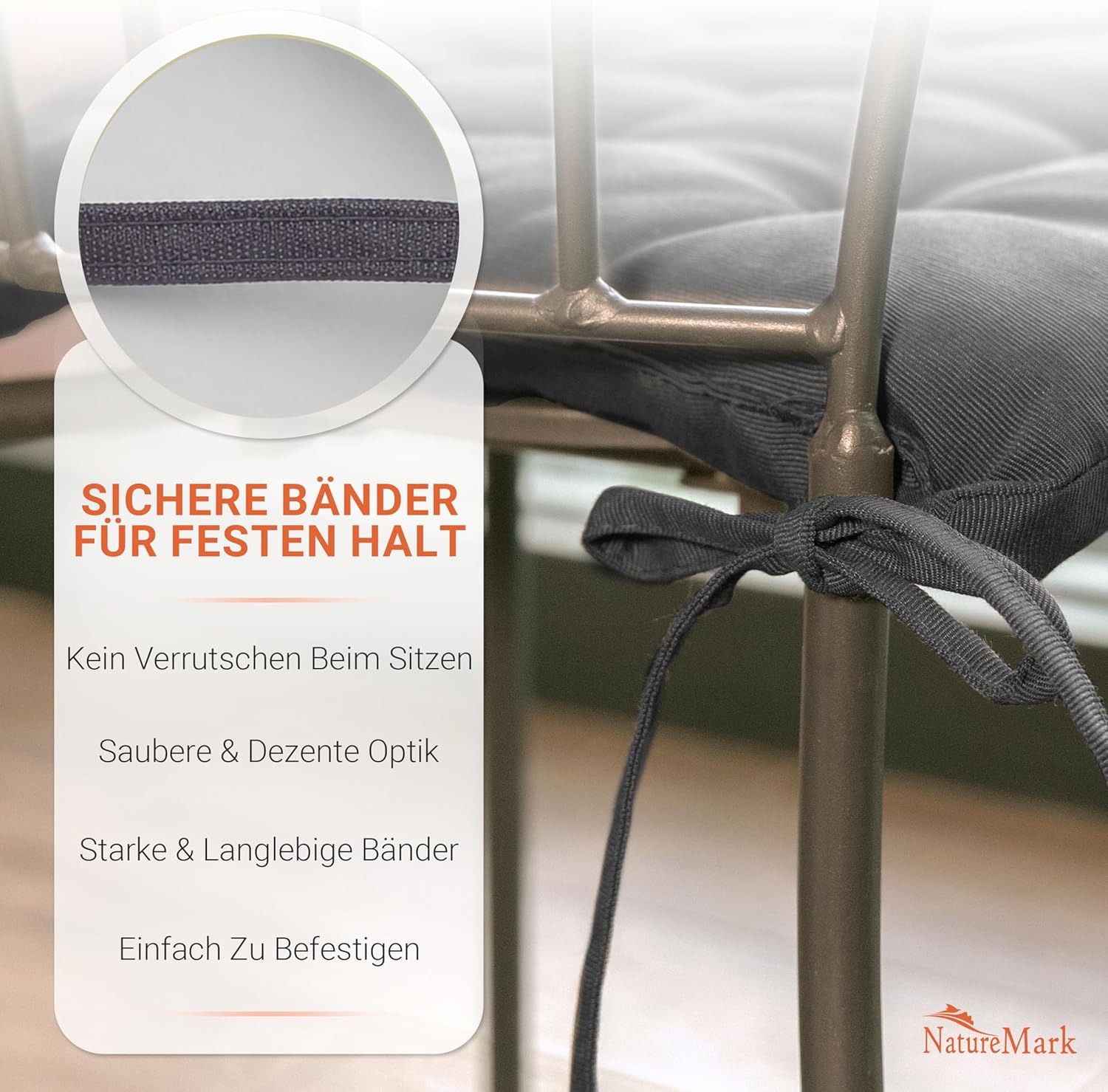 NatureMark 4er-Set Stuhlkissen mit Riemen, Größe 40 x 40 cm, gefülltes Sitzkissen – Bild 5
