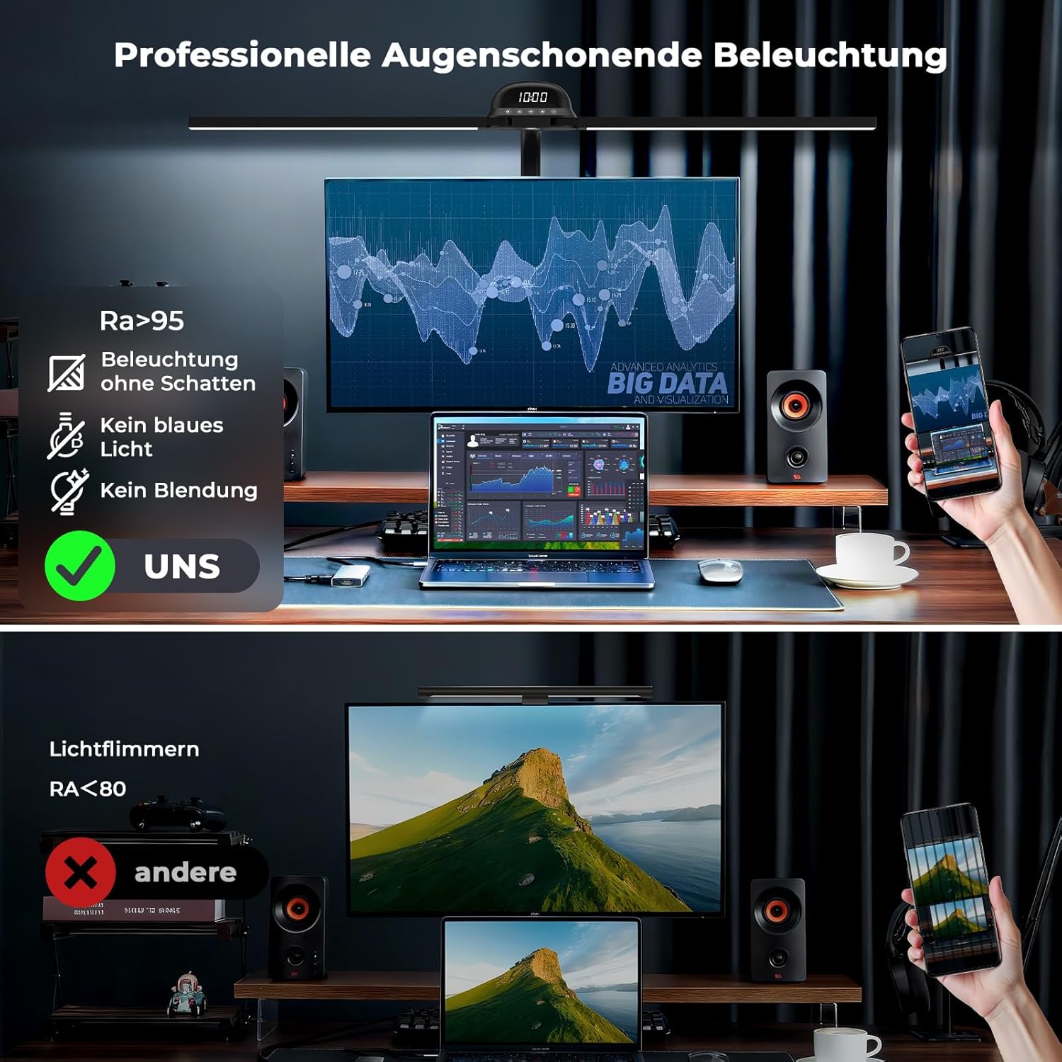 Schreibtischlampe LED Tischlampe Klemmbar 90cm CRI≥95 3100K-7600K Dimmbar Tageslichtlampe Doppelkopf Schreibtischlampe Schwanenhals Schreibtisch Leselampe Monitorlampe Fernbedienung für Home Office – Bild 3
