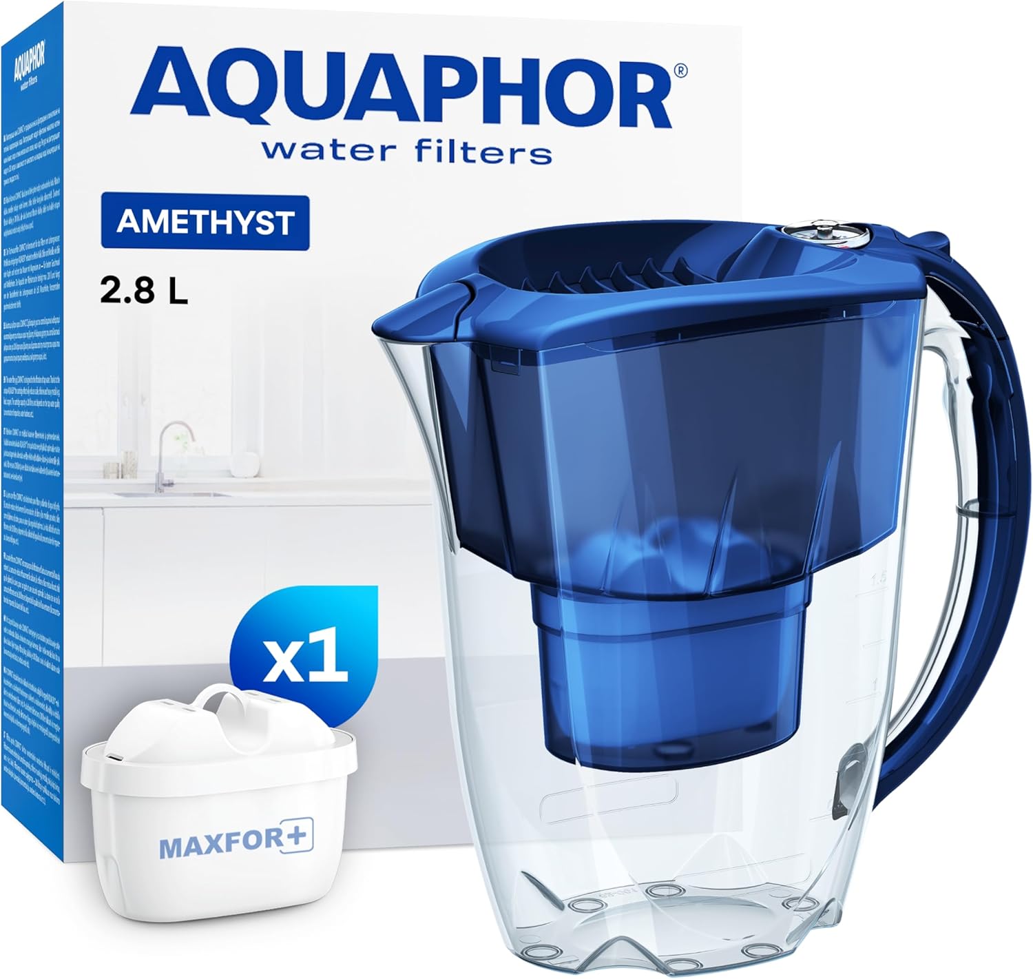 AQUAPHOR Amethyst – 2,8 Liter Wasserfilterkrug mit Schiebedeckel und 1 x Maxfor+ Filterkartusche – Kobaltblau