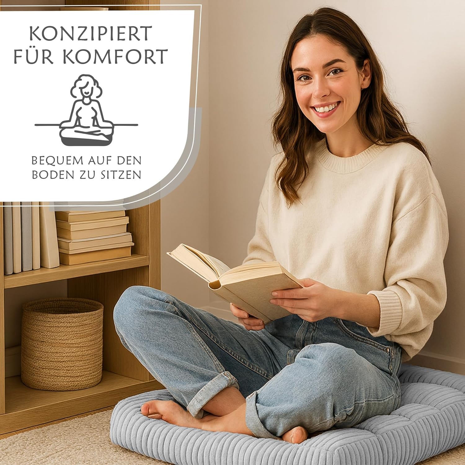 Amazinggirl Sitzkissen Stuhlkissen quadratisch 50 cm – Cord-Stoffkissen, Sitzkissen, Sitzkissen für Stuhl, Bürostuhl, Bank, Eckbank, Bodenkissen, weiches Sitzkissen, flauschige Kordel, hellgrau – Bild 3