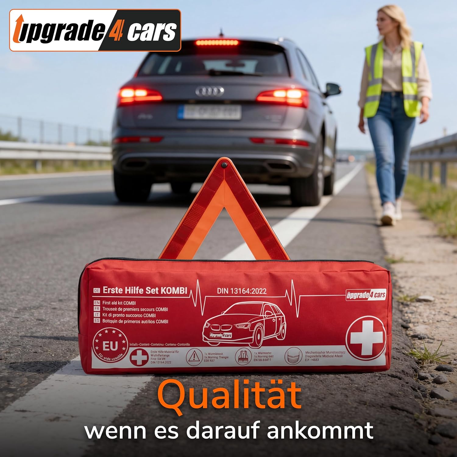 Upgrade4cars Kfz-Verbandskasten 2026 mit Warndreieck & Warnweste nach aktueller Norm DIN 13164, europaweit gültige Kfz-Kombitasche, Erste-Hilfe-Pannenset, Unfallzubehör – Bild 8