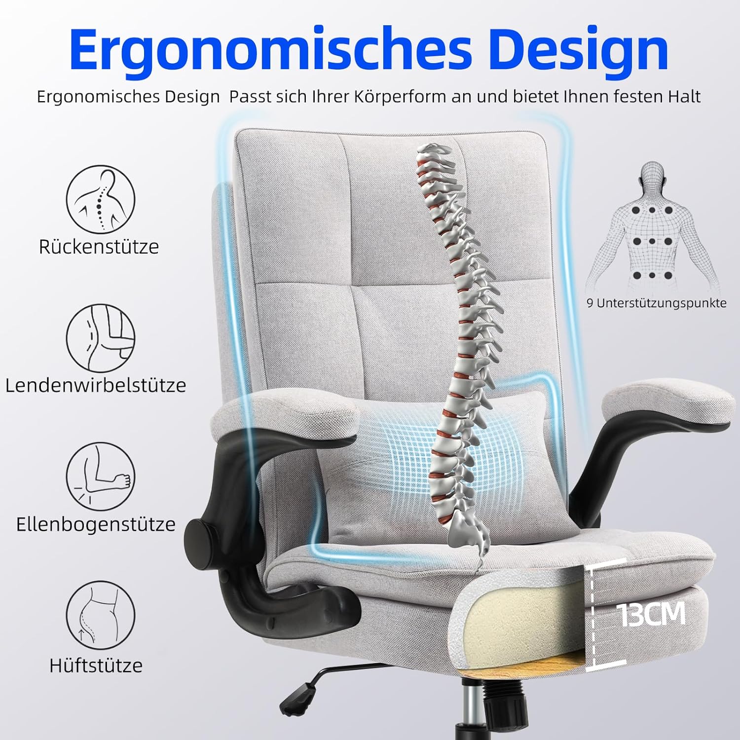 Ergonomischer Bürostuhl (Testsieger) Schreibtischstuhl | Klappbare Armlehne und hohe Rückenlehne | Höhenverstellbar & Wippfunktion | Chefsessel 150 kg | Bürostuhl | Bürostühle Stoff Grau – Bild 4