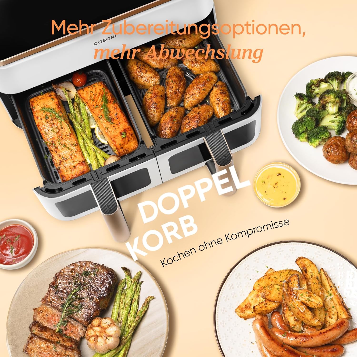 COSORI Heißluftfritteuse 2 Kammern, Testsieger der Stiftung Warentest, 8,5 L 6-in-1 Airfryer mit Sichtfenster, Schwarz/Weiß – Bild 5