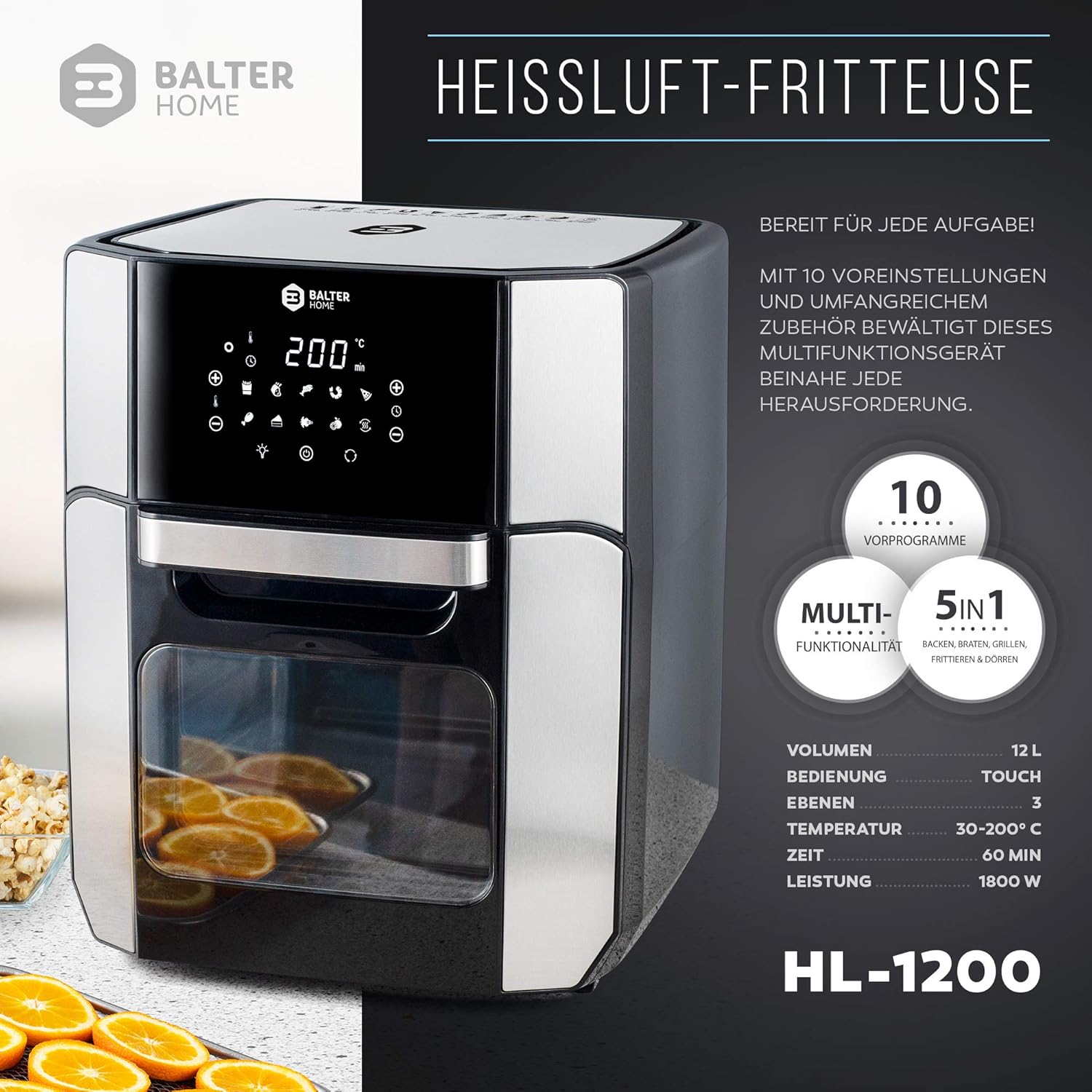 Balter Heißluftfritteuse, 12 Liter XXL, Minibackofen, Dörrgerät, Fritteuse, 10 Programme, All-In-1-Luftfritteuse, Rezeptbuch, HL-1200 – Bild 7
