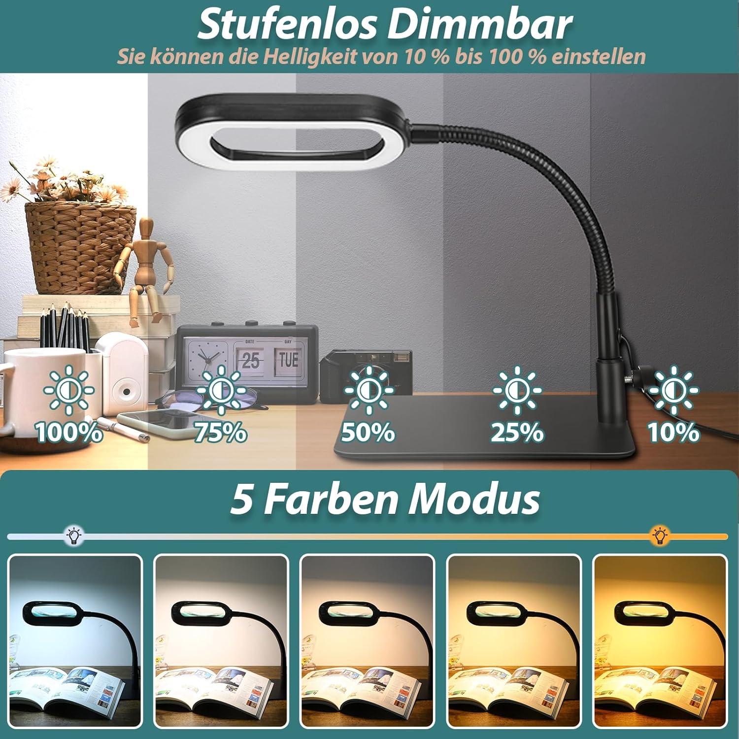 Drdefi 10 x rechteckige Lupe mit Licht und Ständer, Echtglas-Lupenlampe, 5 Farbmodi, stufenlos dimmbar, flexible Schwanenhals-LED-beleuchtete Schreibtischlampe, freihändige Lupenlampe für Lesehobby – Bild 3