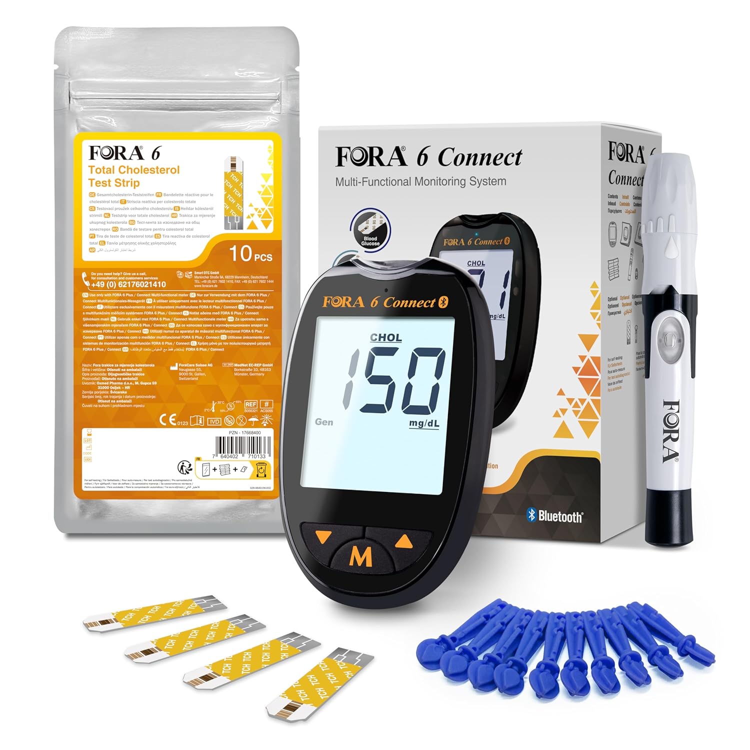 FORA 6-in-1-Cholesterinmessgerät mit Bluetooth-Starterkit inklusive 10 Gesamtcholesterin-Teststreifen – Schwarz