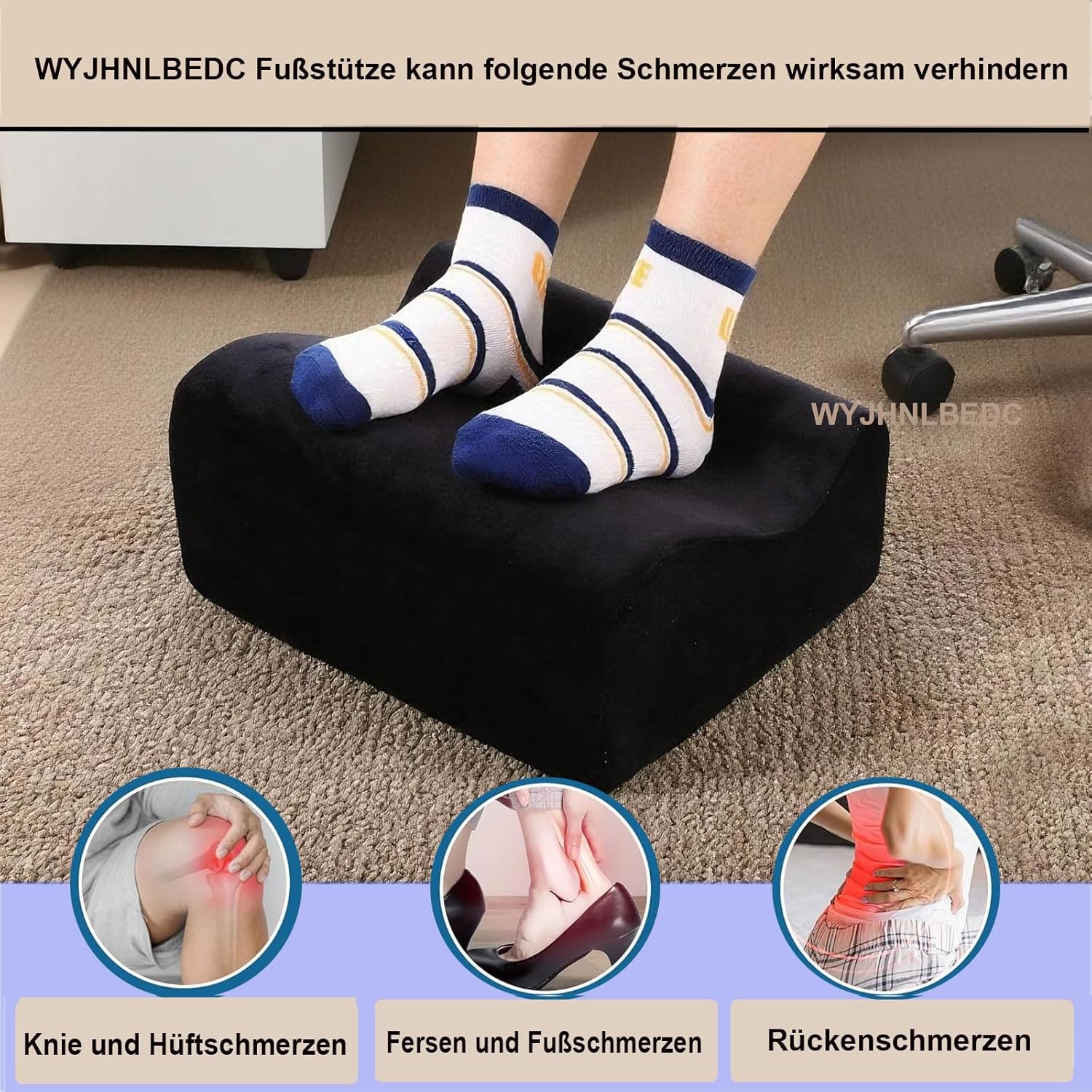 Fußstütze für den Schreibtisch, ergonomische Fußstützen für das Büro mit Premium-Schaumstoffkern und abnehmbarem Deckel, rutschfeste Fußstütze für unter dem Schreibtisch, Rücken- und Hüftschmerzen, Schwarz, Medium – Bild 3