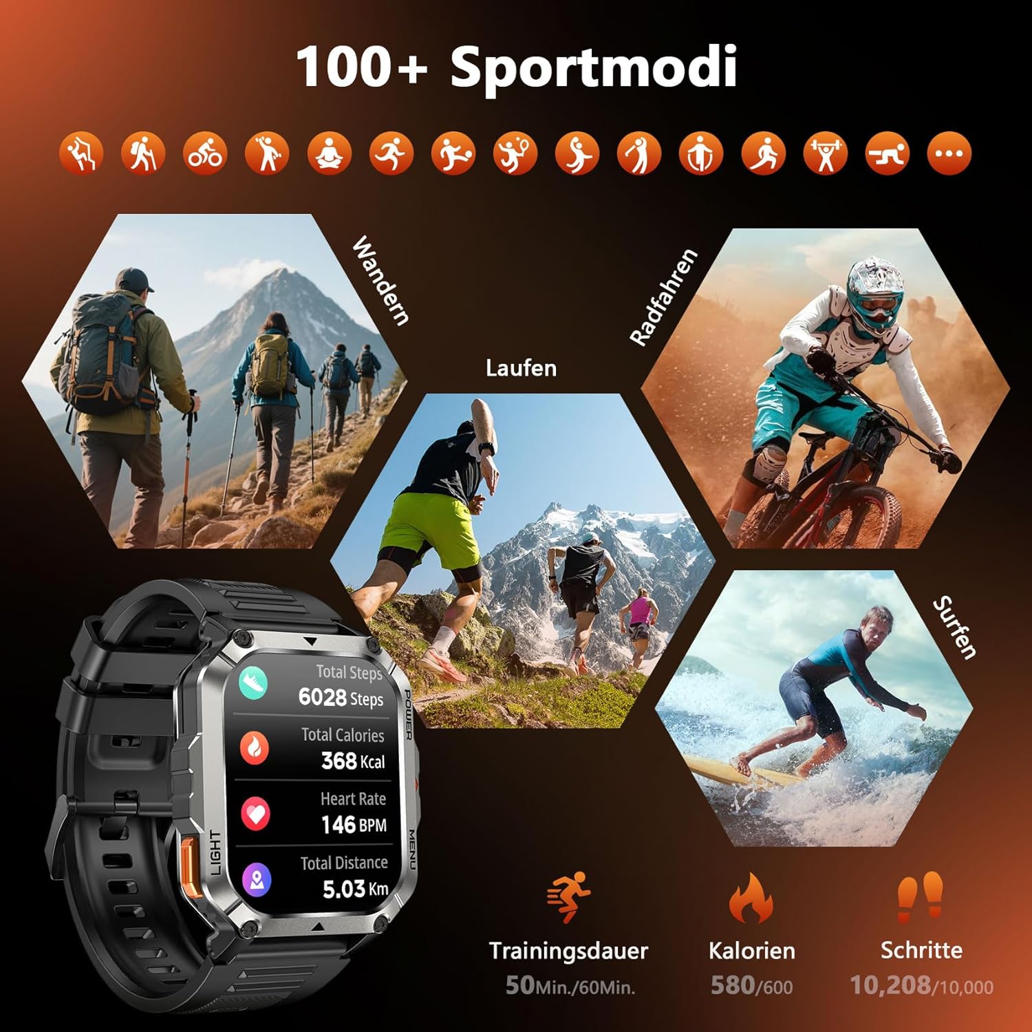 Blackview 900 mAh Herren-Smartwatch, Bluetooth-Anrufe/Kompass/LED-Beleuchtung/2 Armbänder (Silikon/Nylon), Sportuhr mit Puls-Schlaf-Schritten-Kalorien-Kilometer-Monitor, Fitness-Uhr für Android iOS – Bild 5