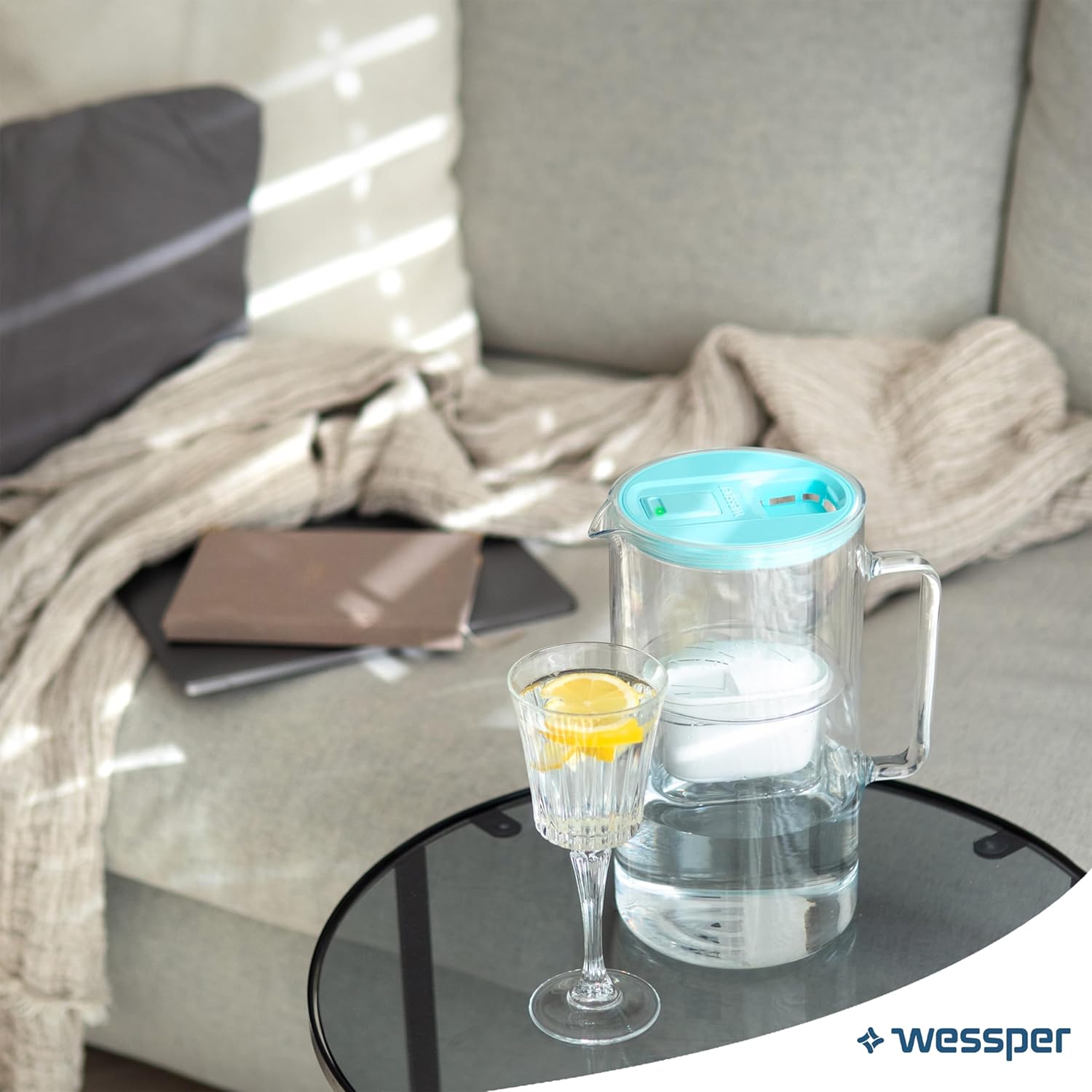 Wessper Wasserfilterkanne mit LED-Anzeige, 3 L, Wasserkanne aus Glas mit Aktivkohlefilter, Wasserkanne mit Wasserfilterkartuschen für Trinkwasser, BPA-frei – Bild 7