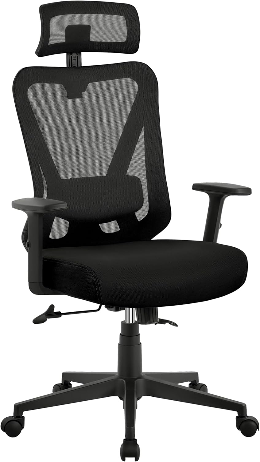 Yaheetech Ergonomischer Bürostuhl, höhenverstellbarer Schreibtischstuhl mit atmungsaktiver Netzrückenlehne, verstellbaren Armlehnen, Kopfstütze und Lordosenstütze, Wippfunktion bis 130°, Home Office, Schwarz