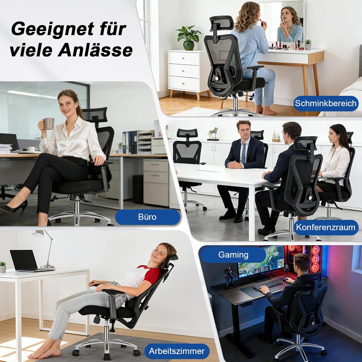 Durrafy Ergonomischer Bürostuhl mit Lordosenstütze, verstellbarer Kopfstütze und Armlehnen, 3-stufiger Neigungsverriegelung, rückenschonender Schreibtischstuhl bis 150 kg für Büro und Home Office – Bild 9