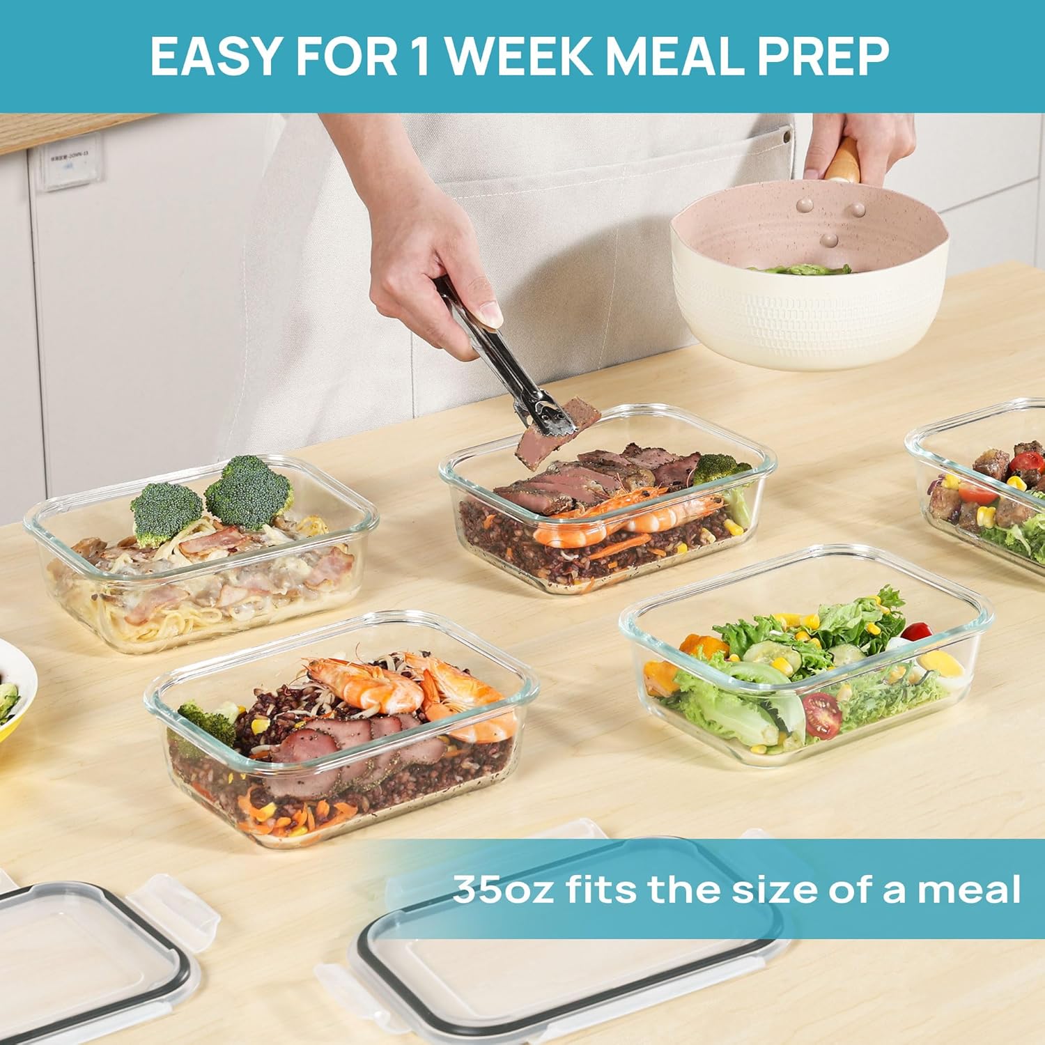 Vtopmart 8 Stück Meal Prep Boxen, Glas, Glasbehälter mit Deckel, (997 ml & 355 ml) Meal Prep Boxen, BPA-frei, stapelbar, hitzebeständig, für Gefrierschrank, Camping – Bild 5
