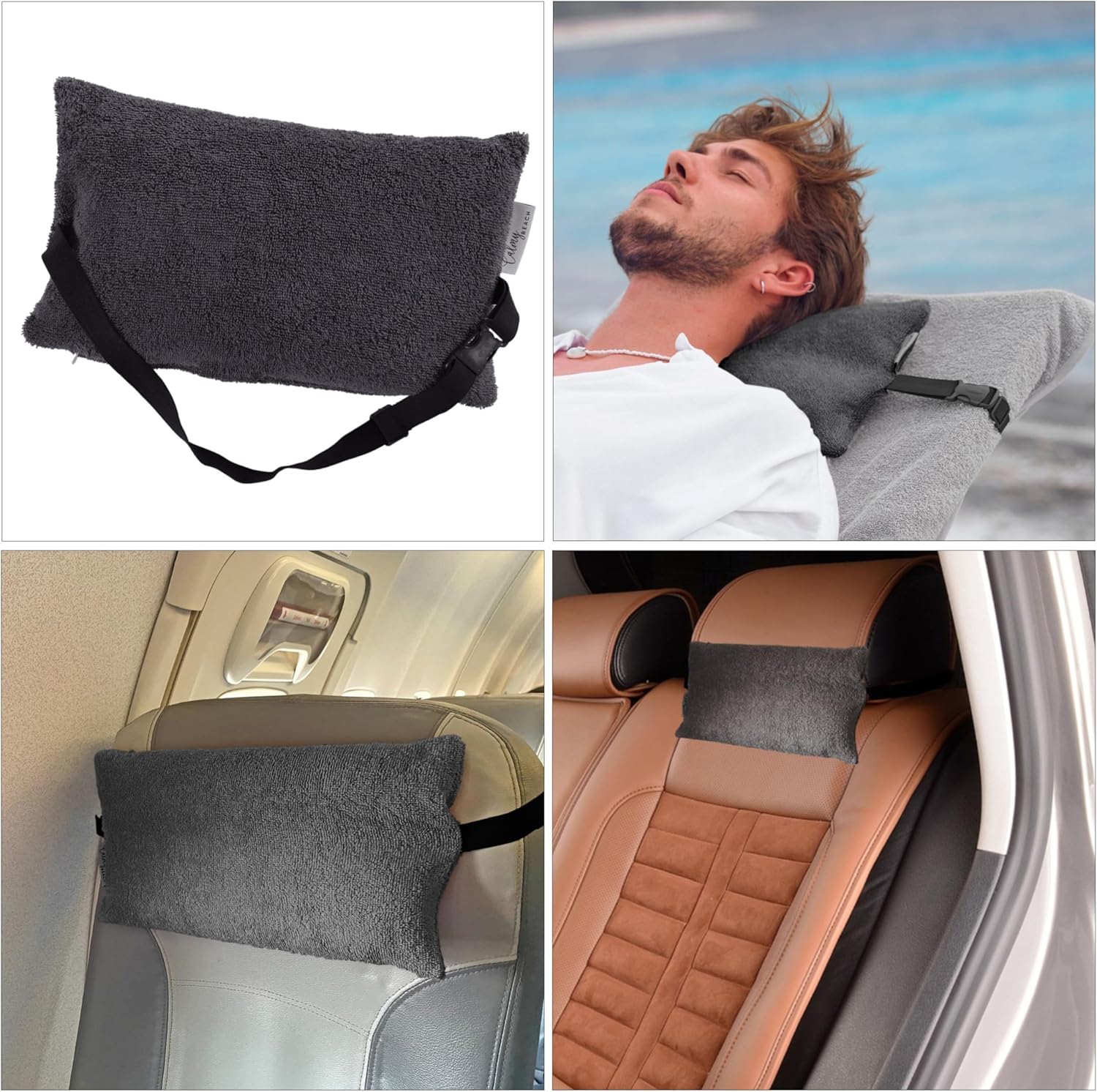 Strandkissen gefüllt mit Befestigungsgurt – verstellbares Reisekissen Nackenkissen für Sonnenliege 32 x 20 cm – Campingkissen Frottee-Bezug 100 % Baumwolle (Anthrazit) – Bild 4