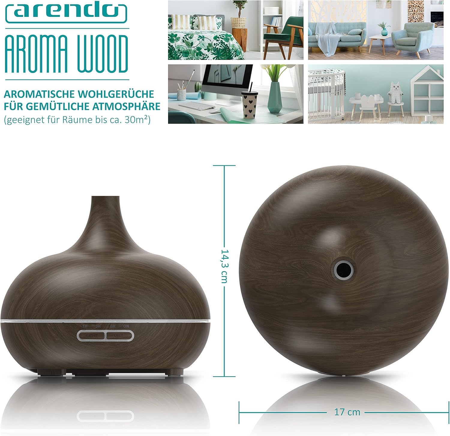 Arendo - Ultraschall-LED-Aroma-Diffusor 300 ml - Luftbefeuchter Raumbefeuchter Nachtlicht - LED-Ring 7 Farben - Timer-Funktion - Dauernebelmodus - Angenehm leises Betriebsgeräusch - Holzdekoration – Bild 2