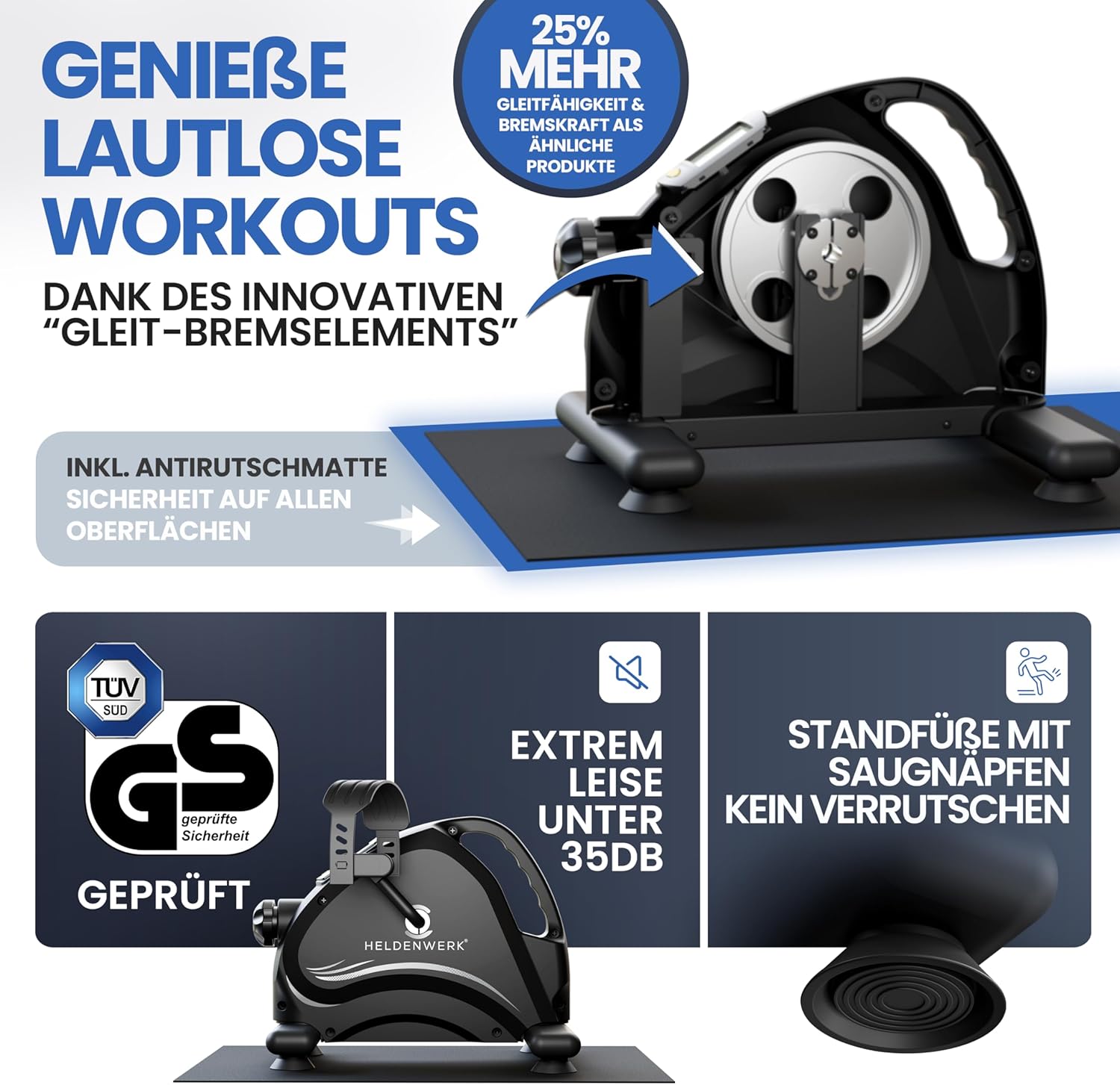 HELDENWERK Pedaltrainer Basis-Set – TÜV/GS geprüft mit Befestigungsgurt und Antirutschmatte – Arm- und Beintrainer für zu Hause – Senioren Pedaltrainer, Heimtrainer – Bild 2