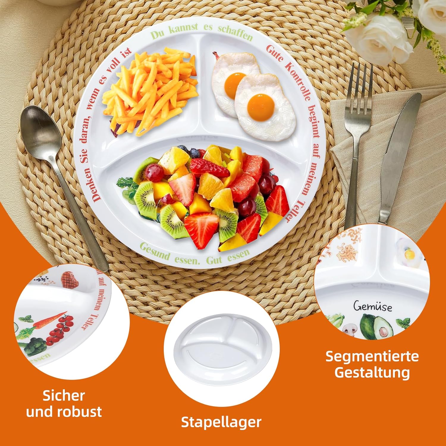 Portionskontrollteller für ausgewogene Ernährung – Teller für gesunde Ernährung für Erwachsene und Jugendliche – Melamin-Unterteilung, Teller zur Gewichtsreduktion, Diabetes (2) – Bild 7