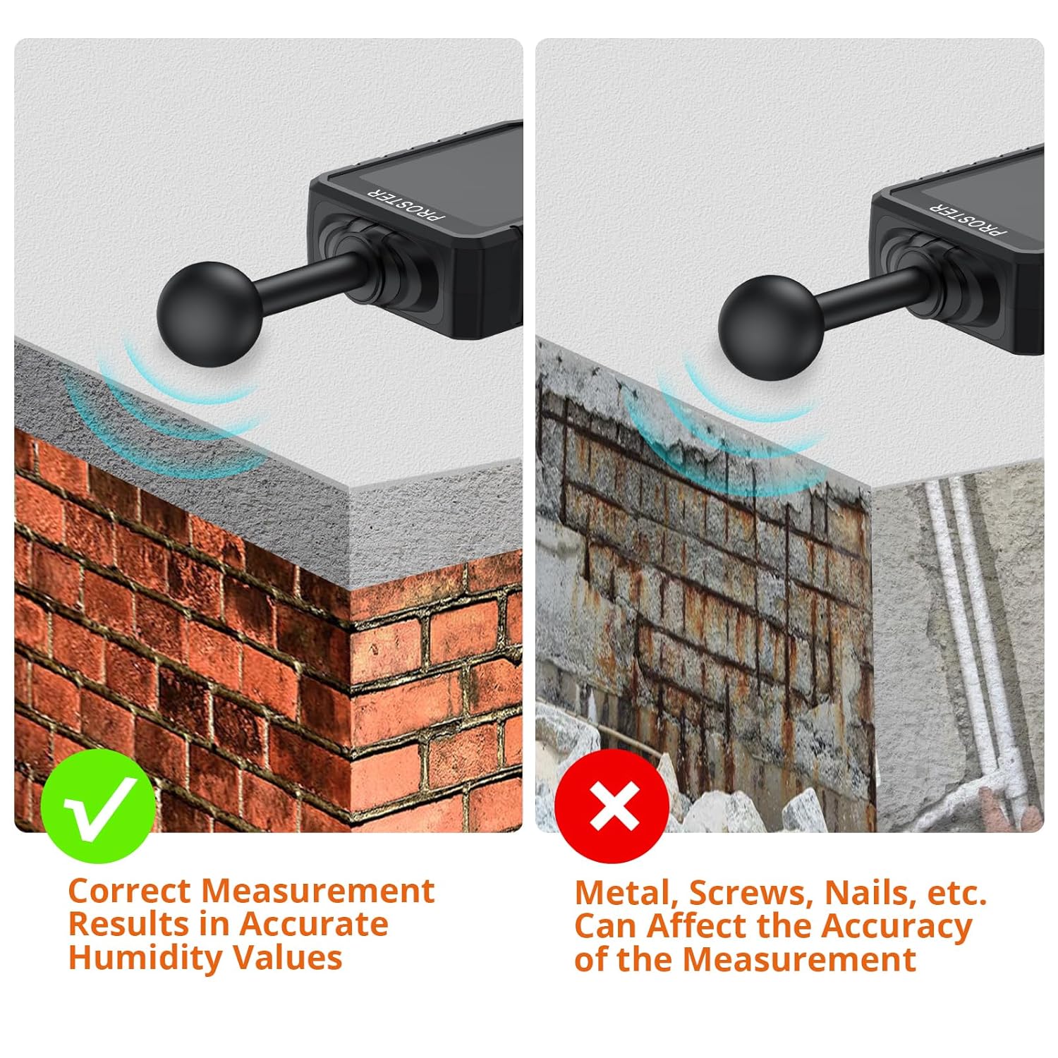 Proster Wiederaufladbares Feuchtigkeitsmessgerät für Wände – visueller und akustischer Alarm, 5 Modi mit Index, 3-Farben-LCD, für Holz, Beton, Putz, Mauerwerk und mehr, ideal für Bauarbeiten – Bild 8