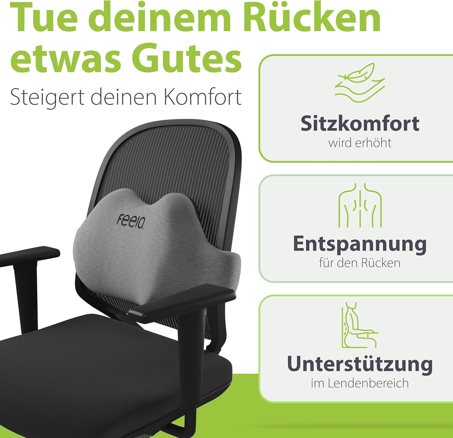 Feela. Ergonomisches Rückenkissen für Bürostuhl & Heimbüro – Lendenkissen zur Verbesserung der Körperhaltung, Lendenkissen gegen Sitzschmerzen (Dunkelgrau) – Bild 2
