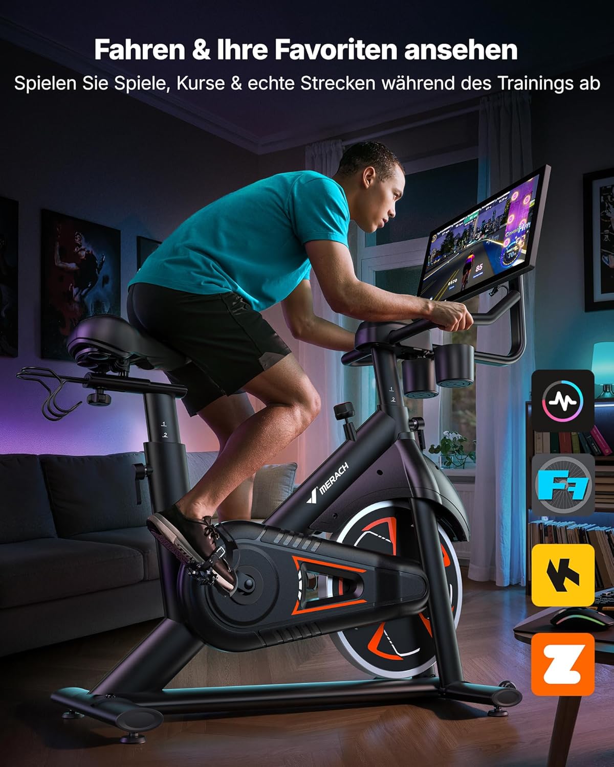 MERACH Heimtrainer Fahrrad mit 21,5" drehbarem FHD-Bildschirm, Leises Heimtrainer Fahrrad mit automatischem Widerstand, verstärkter H-Rahmen, stoßdämpfender Luftkissensattel, eigene App, bis 150 kg – Bild 4