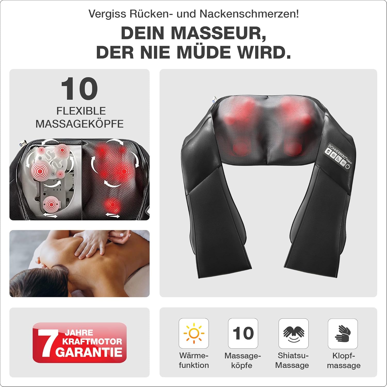DONNERBERG Klopfy Entspannung für Ihren Rücken, Shiatsu- und Klopfmassage, Nackenmassagegerät mit Wärmefunktion, 7 Jahre Power-Motor-Garantie, TÜV Süd geprüft – Bild 4
