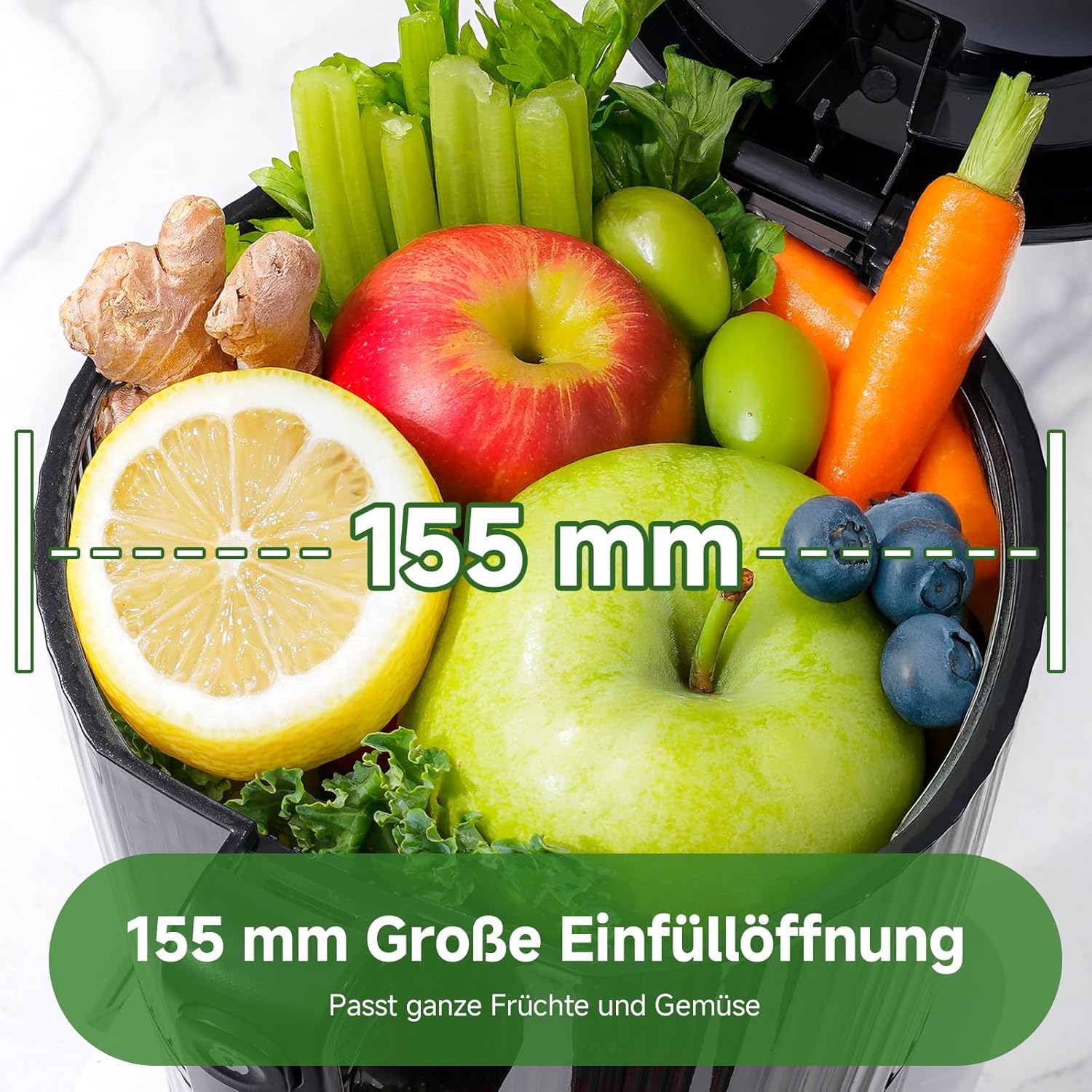 AMZCHEF Slow Juicer Entsafter für ganze Früchte & Gemüse, 155 mm XXL-Einfüllöffnung, Kaltpress-Entsafter mit hoher Saftausbeute, 2 Filter, 2,5 L Behälter, leise & leicht zu reinigen, schwarz – Bild 2