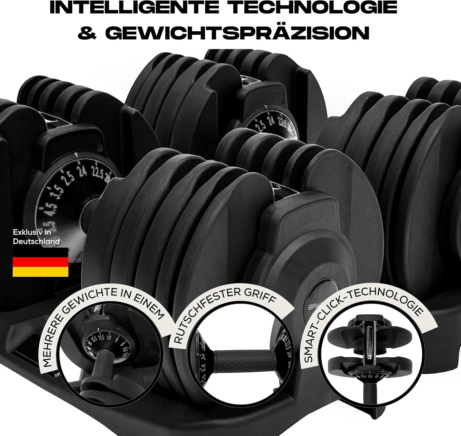 BRAINGAIN verstellbares Hantelpaar, 15 in 1 (24 kg), Gewichtsstufen, Smart-Click-Technologie für schnelles Wechseln, rutschfester Griff, platzsparend für Heimtraining – Bild 3