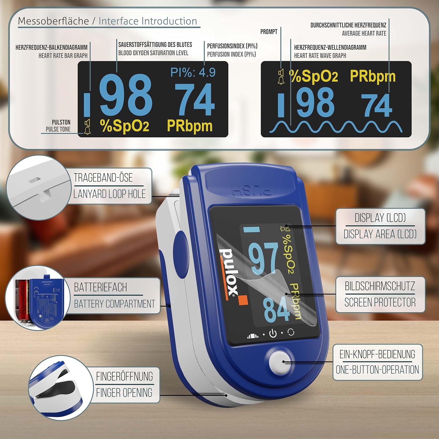 Pulsoximeter PULOX PO-200A mit zuschaltbarer Alarmfunktion und Pulston inkl. Zubehör *Farbauswahl möglich, blau – Bild 2