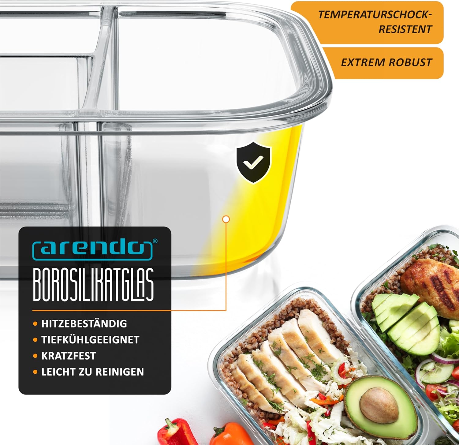 Arendo – Lunchboxen aus Glas – 3 Fächer – Frischhaltedosen mit Deckel, luftdicht – 2er-Set – 1000 ml – für Mikrowelle, Backofen, Gefrierschrank – spülmaschinenfest – Vorratsgläser für die Zubereitung von Mahlzeiten – Bild 4