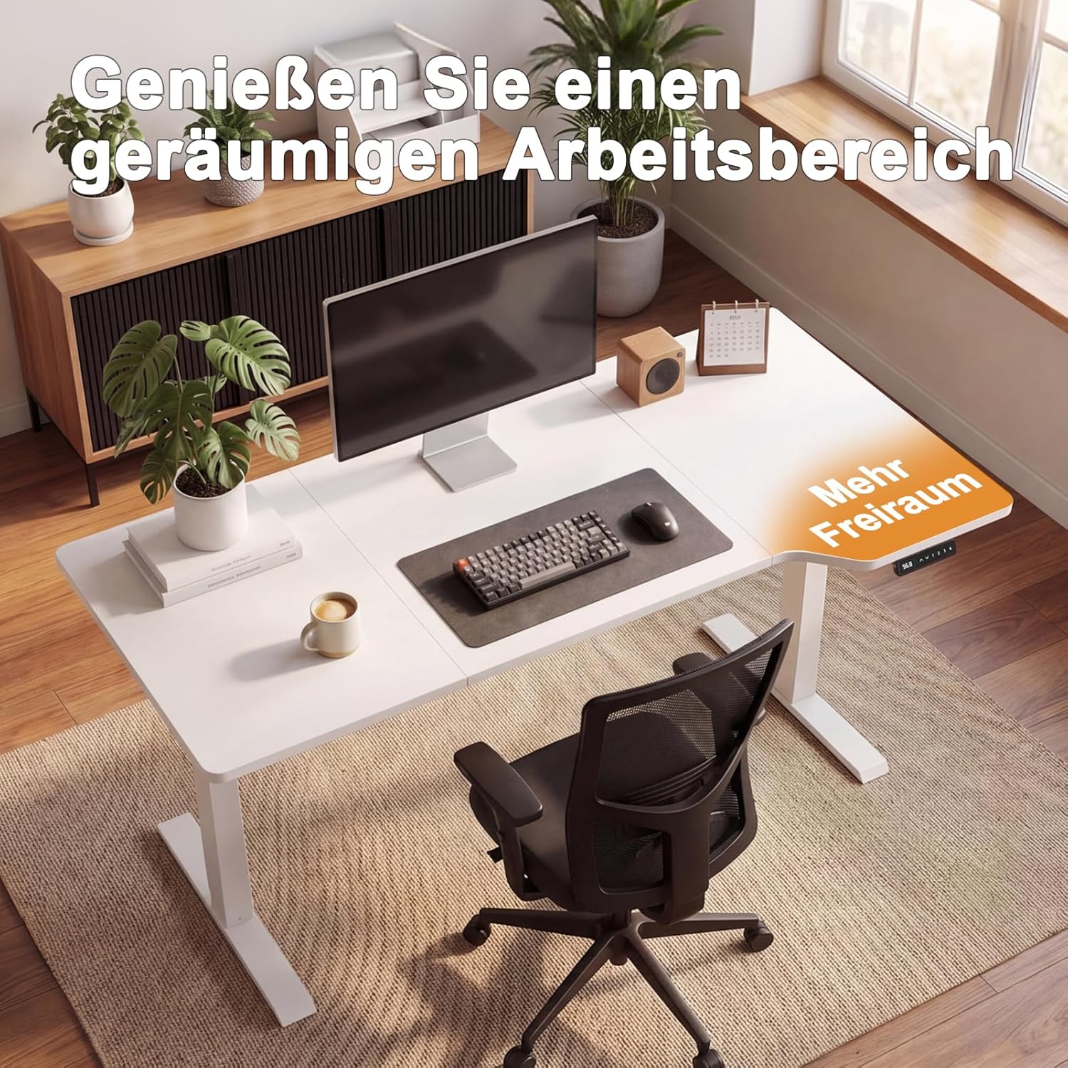 JUMMICO Höhenverstellbarer Schreibtisch 180 x 80 cm, L-Form, Gaming-Tisch, elektrisch, höhenverstellbar, Ergonomie, Bürotisch mit 4-Memory-Funktion und Kabelmanagement, große Monitorfläche, stehend – Bild 4