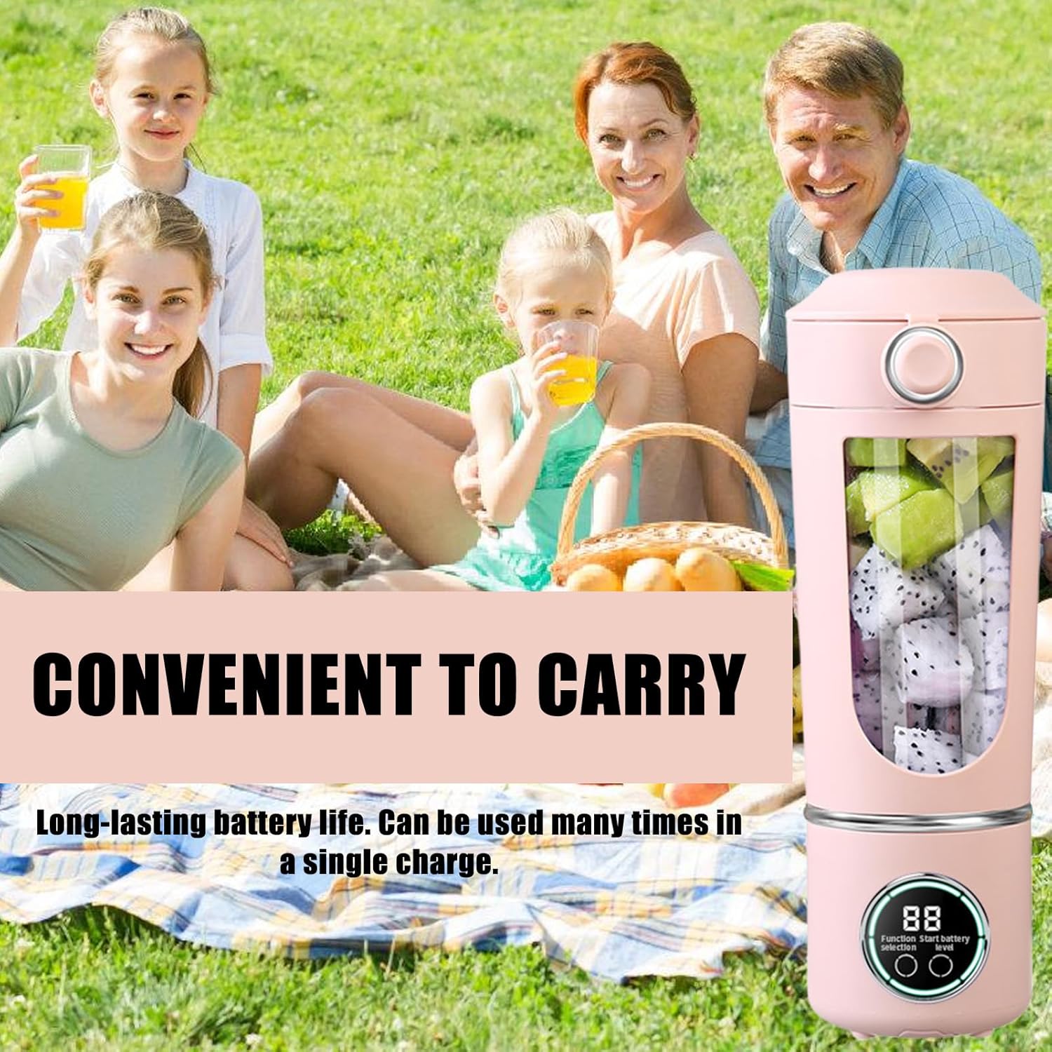 Kleiner tragbarer Mixer, 700 ml Maker to Go Mini-Standmixer, tragbarer Mixer mit 12 Klingen aus Edelstahl und Digitalanzeige, USB wiederaufladbar, kleiner Entsafter für Smoothies, Shakes – Reisen, Büro, Sport (Pink) – Bild 6
