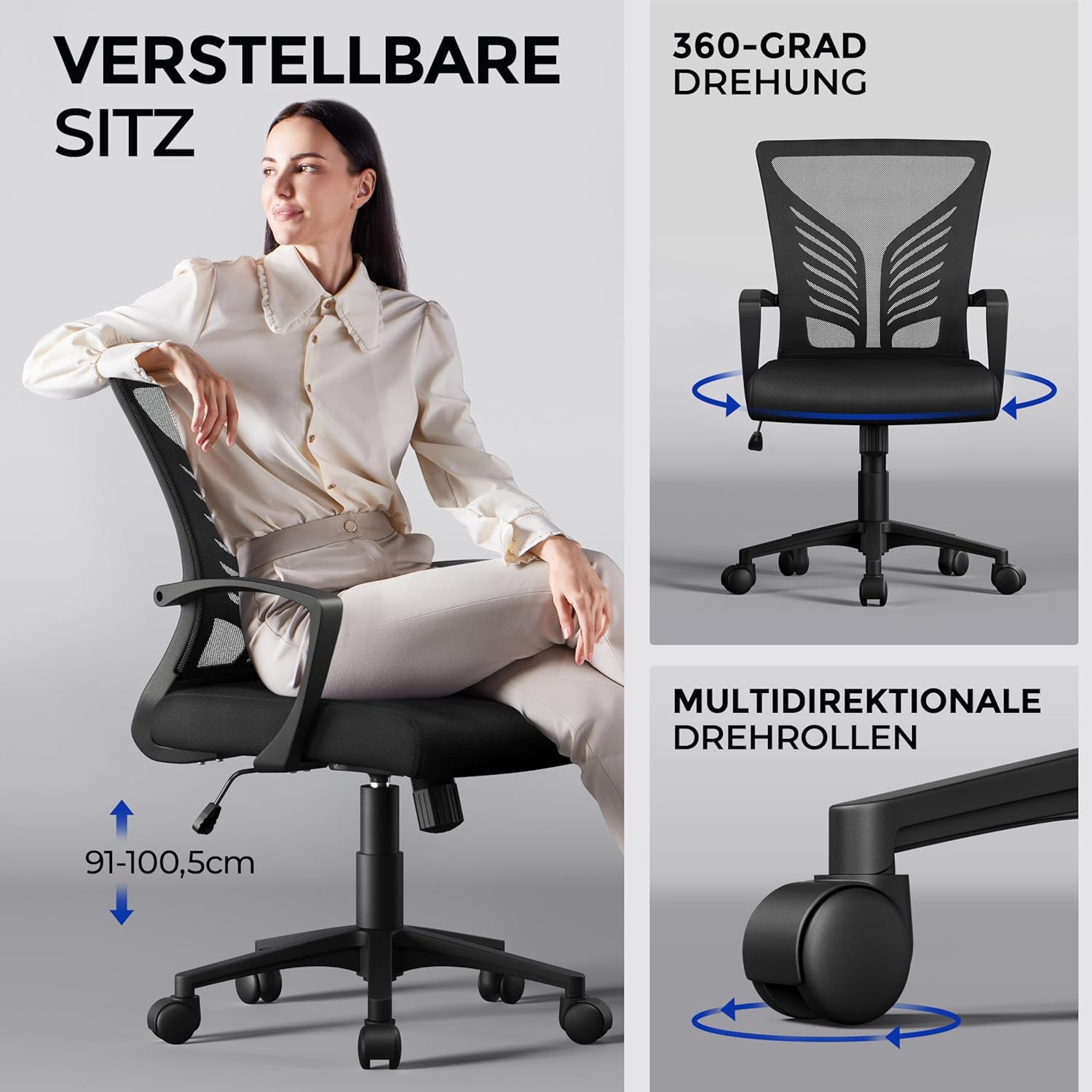 Yaheetech Bürostuhl, ergonomischer Schreibtischstuhl mit Wippfunktion, Drehstuhl mit gepolstertem Sitzkissen, Chefsessel, höhenverstellbar, für Arbeitszimmer/Büro, Schwarz – Bild 5
