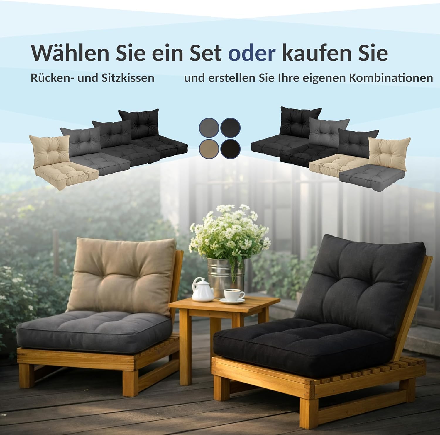 POKAR 1 x Sitzkissen 50 x 50 x 10 cm + 1 x Rückenlehne 50 x 40 x 10 cm, wasserabweisende Outdoor-Lounge-Kissen für Gartenstühle und Rattanmöbel, Öko-Tex-zertifiziert, hergestellt in der EU, Anthrazit – Bild 4
