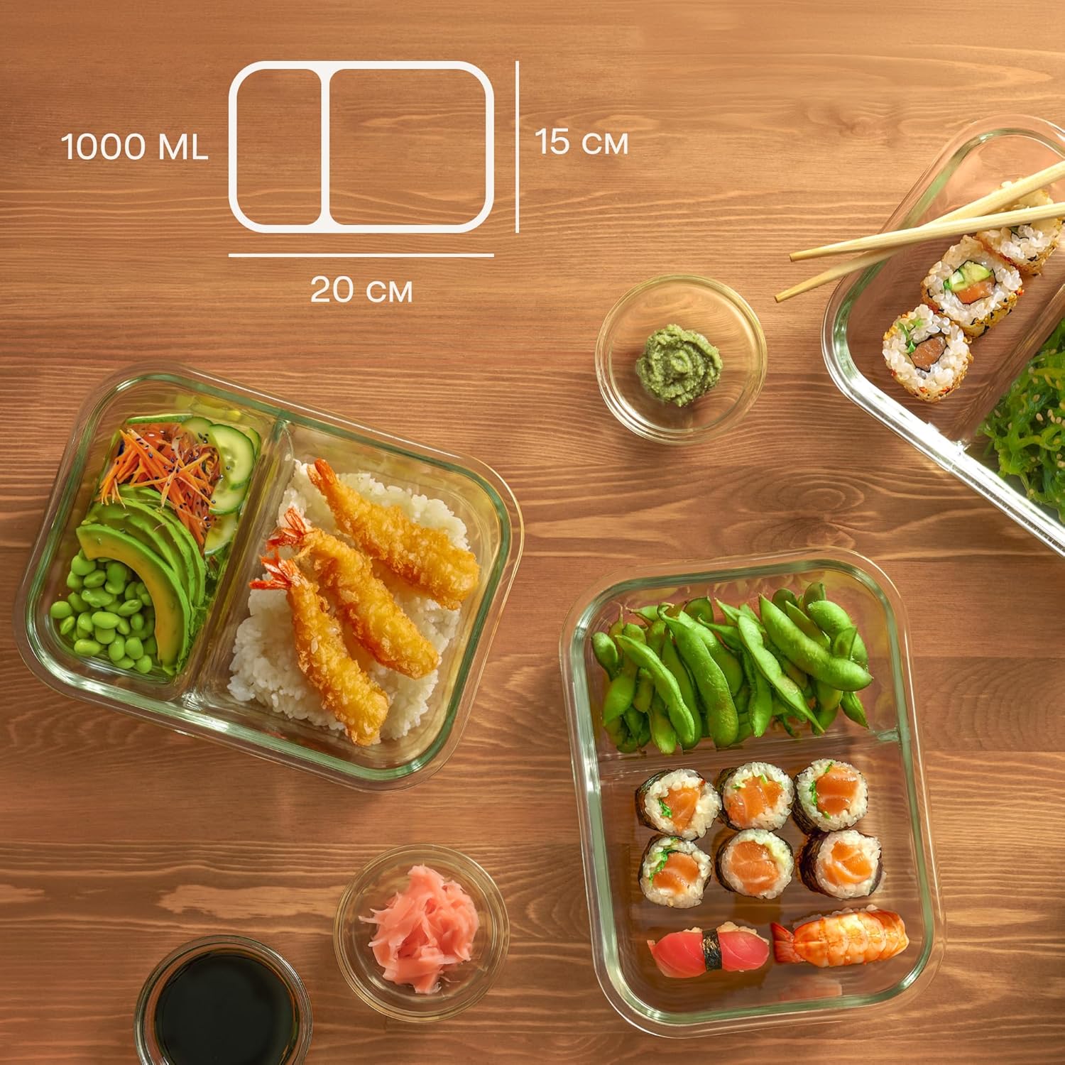 Praknu Meal-Prep-Boxen aus Glas, 2 Fächer – Set mit 2 Meal-Prep-Behältern 1 l – luftdichter Glasbehälter mit Deckel – geeignet für Spülmaschine, Mikrowelle und Backofen – Meal-Prep-Boxen – Lebensmittel-Aufbewahrungsbehälter aus Glas – Bild 5