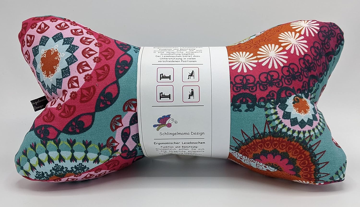 Ergonomischer waschbarer Leseknochen – handgefertigt in OWL – hergestellt in Deutschland: Meditationskissen/Entspannungskissen/Nackenkissen – Buch/Tablet/Smartphone/Handy-Unterstützung – Mandalas, Retro-Stil – Bild 3