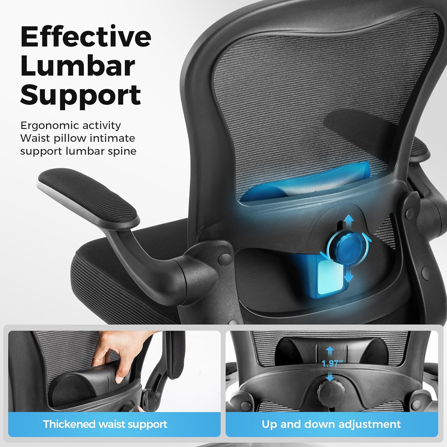 ALPHA HOME Bürostuhl, ergonomischer Schreibtischstuhl mit Lordosenstütze, höhenverstellbar, Netz-Bürostühle mit klappbaren Armlehnen, schwingende Rückenlehne für das Heimbüro – Bild 5