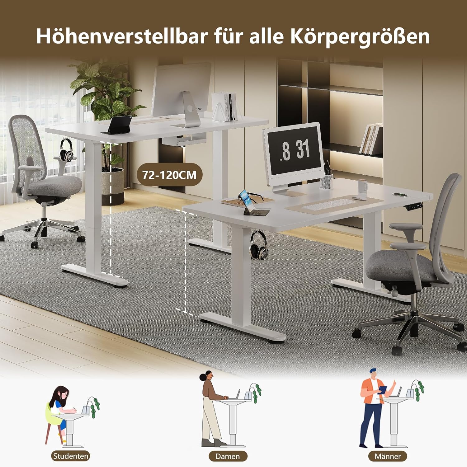 TRIUMPHKEY Höhenverstellbarer Schreibtisch, 160 x 80 cm, elektrischer Stehpult mit Dual-Motor, Touchscreen, USB-A & Kabelmanagement, 25 mm einteilige Tischplatte, ergonomischer Bürotisch, Weiß – Bild 9