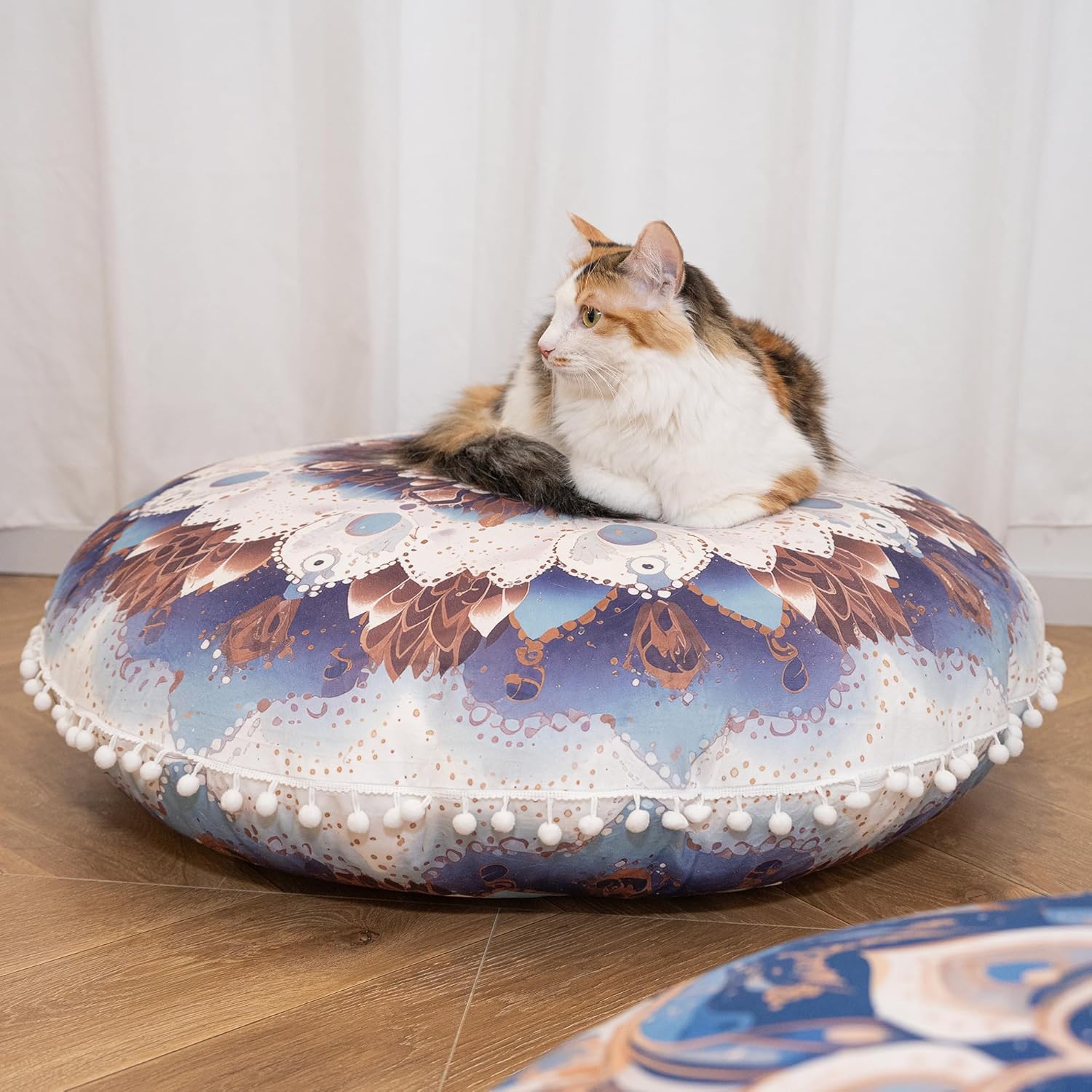 Meditations-Bodenkissen, rundes Sitzkissen mit waschbarem und abnehmbarem Bezug, 80 cm großes ergonomisches Yoga-Kissen mit Pompon-Dekoration, für drinnen und draußen, hellblau – Bild 7