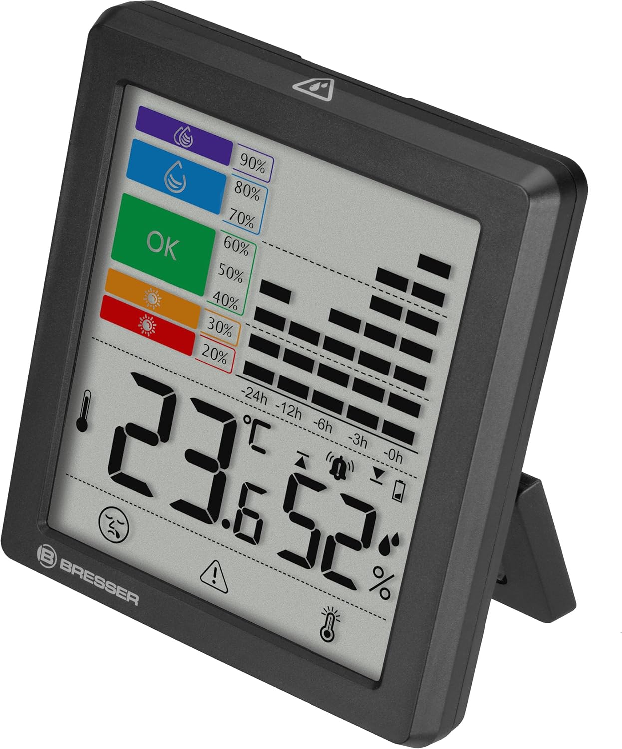 Bresser Thermo-Hygrometer mit Schimmelwarnung, Farbindikator, Raumklima-Manager, misst Temperatur und Luftfeuchtigkeit, Grippe-/Hitzealarm, grafischer Feuchtigkeitsverlauf, 95 x 85 x 21 mm – Bild 2